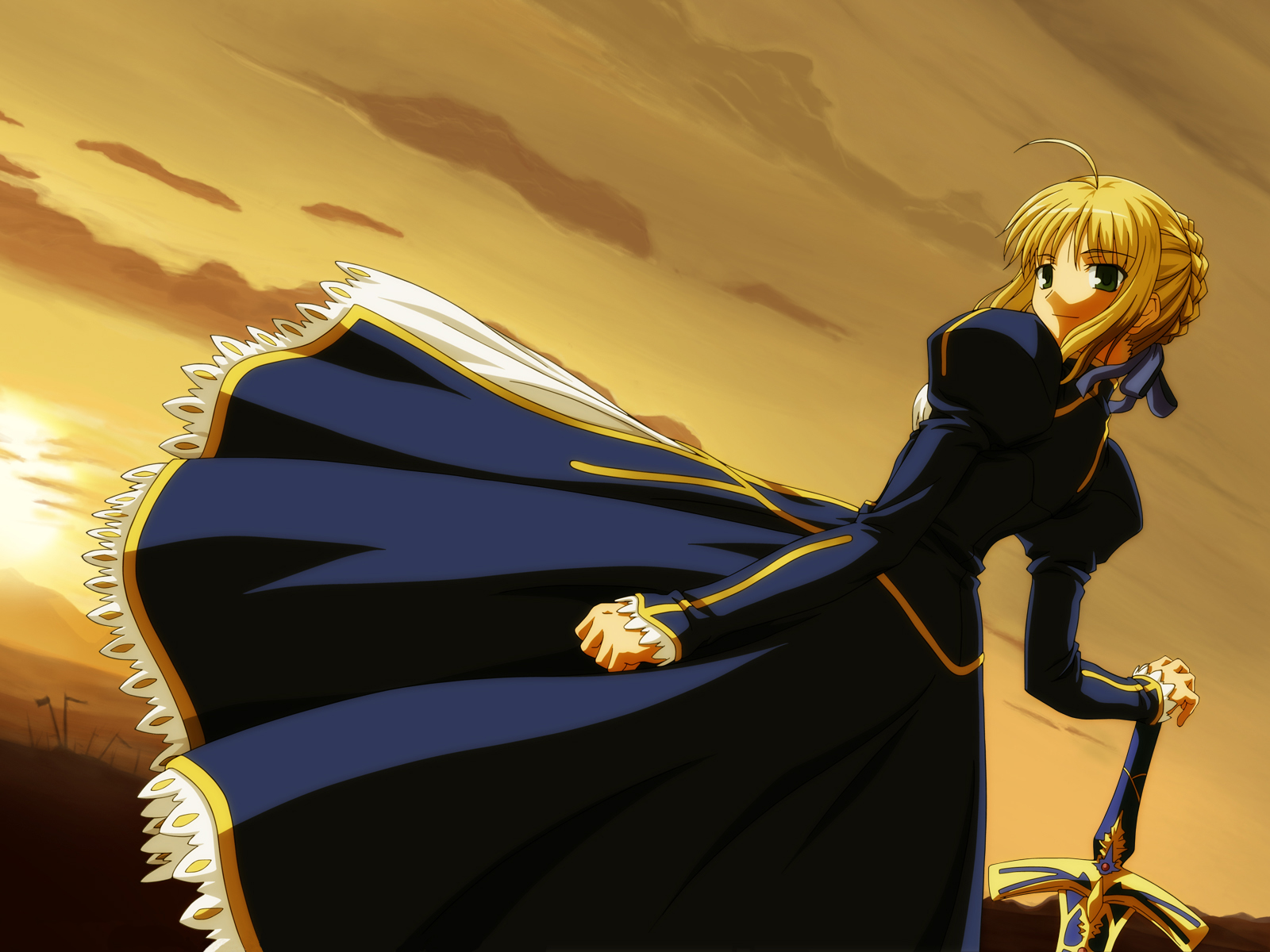 artoria pendragon (fate), saber (fate), fate/stay night, fate (series), highres, 00s, ahoge, blonde hair, dress, green eyes, solo, sword, weapon