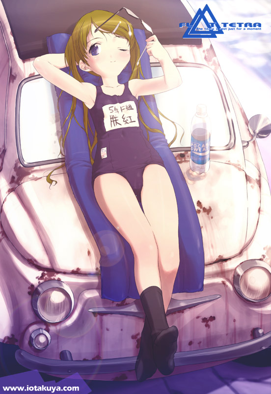 io takuya, original, pocari sweat, 1girl, arm behind head, armpits, blonde hair, blue eyes, car, feet, female focus, fiat 500, flat chest, glasses, holding, holding removed eyewear, lens flare, lying, motor vehicle, name tag, on back, on car, one-piece swimsuit, one eye closed, purple one-piece swimsuit, purple school swimsuit, ruins, rust, school swimsuit, socks, solo, sunglasses, sunlight, swimsuit, unworn eyewear