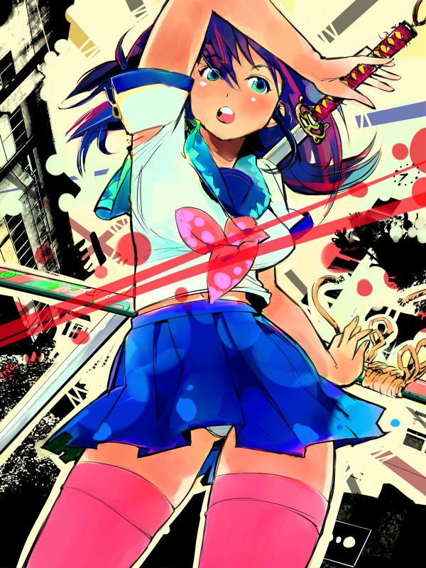 igarashi mangou, copyright request, katana, school uniform, serafuku, solo, sword, thighhighs, weapon, zettai ryouiki