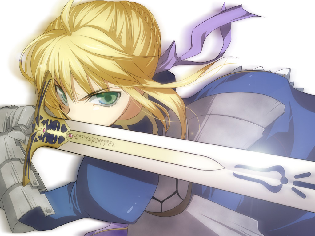 nina (pastime), artoria pendragon (fate), saber (fate), fate/stay night, fate (series), 00s, 1girl, armor, blonde hair, caliburn (fate), female focus, fighting stance, gauntlets, gradient background, green eyes, hair ribbon, ox guard, ribbon, solo, sword, weapon