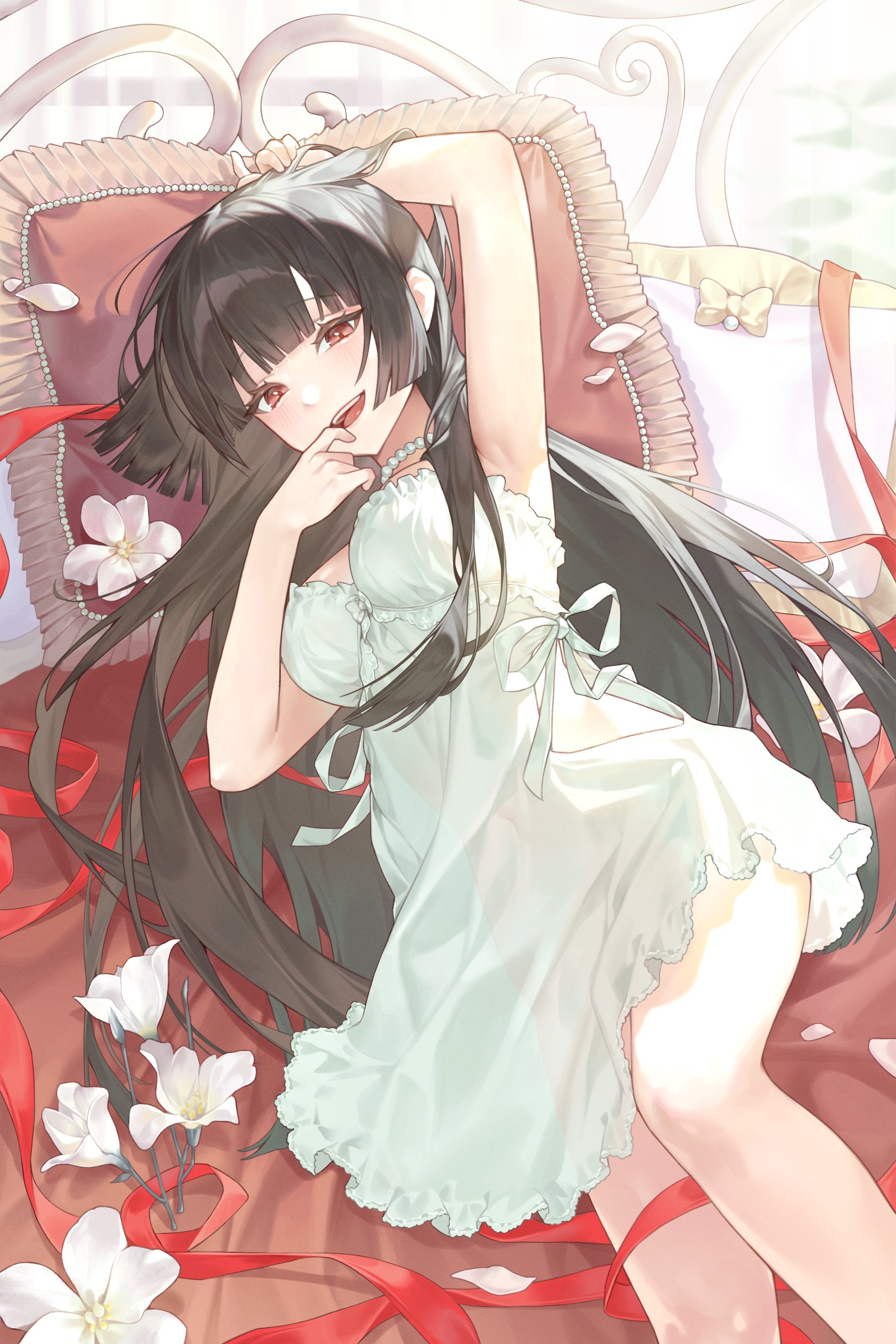 k1my0, original, absurdres, commentary request, highres, korean commentary, 1girl, arm behind head, armpits, black hair, blunt bangs, blunt sidelocks, finger to mouth, flower, frilled nightgown, frills, jewelry, light blush, long hair, looking at viewer, lying, necklace, nightgown, on back, on bed, parted lips, pearl necklace, petals, pillow, pink flower, red eyes, red ribbon, ribbon, sidelocks, solo, teeth, upper teeth only, very long hair, white flower, white nightgown