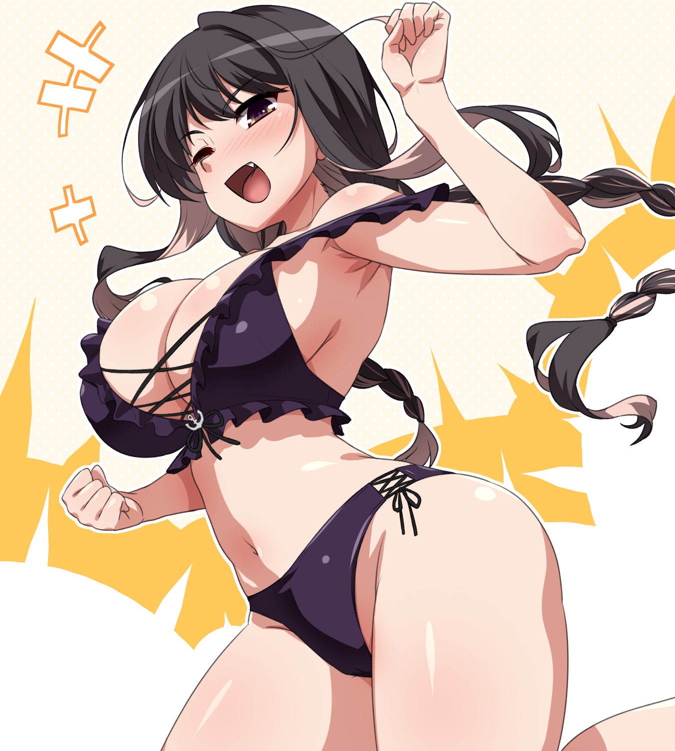 yoshi tama, naganami (kancolle), naganami kai ni (kancolle), kantai collection, commentary request, highres, 1girl, :d, ;d, bikini, black bikini, black eyes, black hair, braid, breasts, brown hair, clenched hands, colored inner hair, fang, large breasts, long hair, looking at viewer, multicolored hair, naganami kai ni (swimsuit) (kancolle), navel, one eye closed, open mouth, orange background, sideboob, smile, solo, standing, swimsuit, two-tone hair