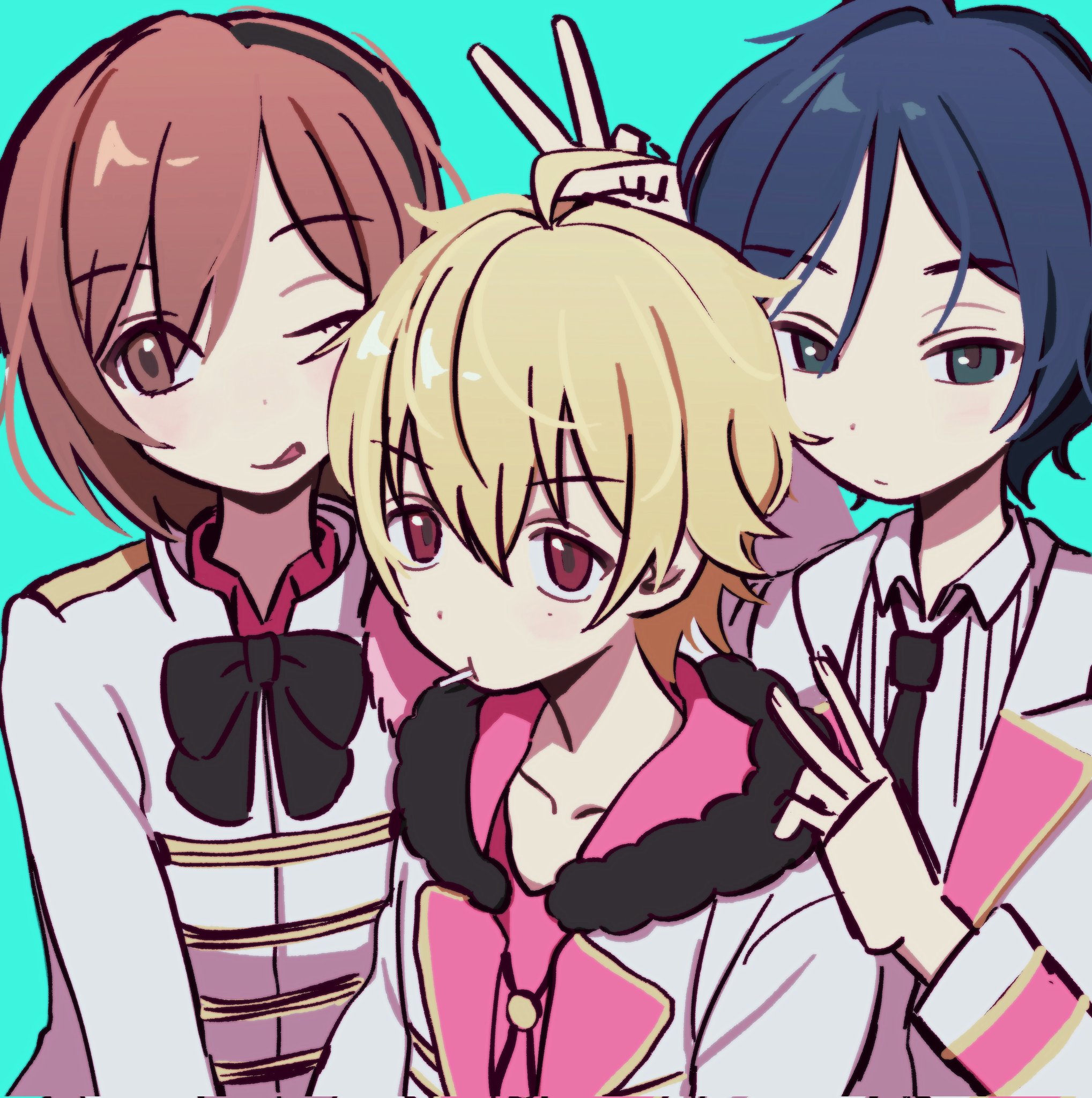 ivib, marginal #4, rejet, highres, 3boys, ahoge, androgynous, aqua background, arm up, black fur, black hair, blush, bob cut, bow, bowtie, boy sandwich, brown hair, candy, capelet, clenched hands, closed mouth, collar, collared shirt, double v, food, fur-trimmed capelet, fur trim, green eyes, hair between eyes, hair ornament, hairband, hand on another's head, hand on another's shoulder, headband, lapels, lollipop, lollipop in mouth, long sleeves, looking at viewer, looking to the side, loose hair strand, male focus, medium hair, multiple boys, nakama teruma, necktie, one eye closed, pink shirt, sandwiched, shirt, sidelocks, simple background, smile, takimaru alto, tongue, tongue out, tsubasa shindo, v, white shirt