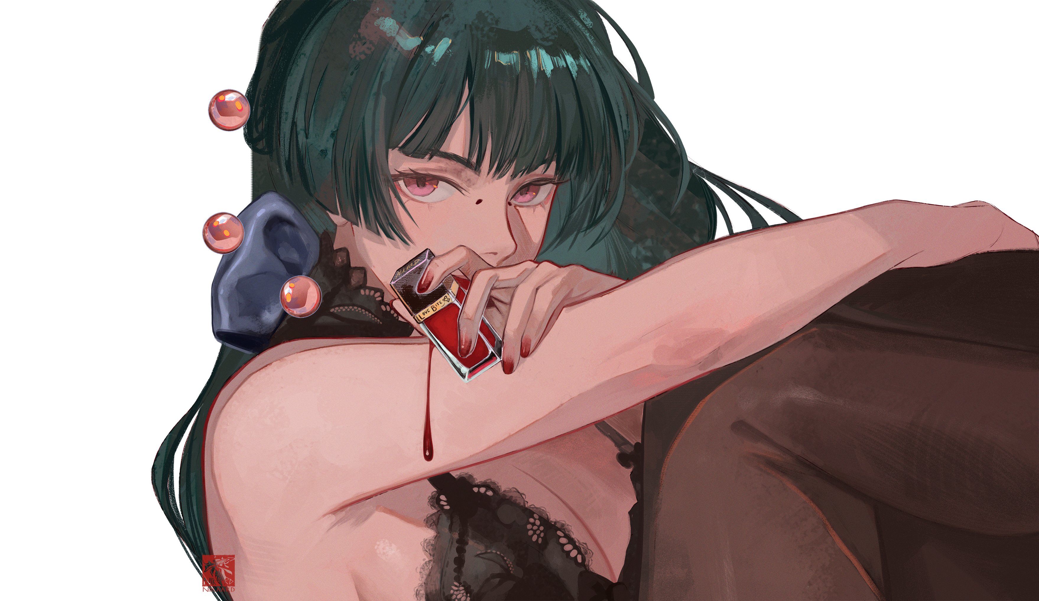 nikaardart, astra yao, zenless zone zero, absurdres, highres, 1girl, 2girls, armpits, black hair, breasts, cleavage, hime cut, holding, looking at viewer, multiple girls, pantyhose, red eyes, solo