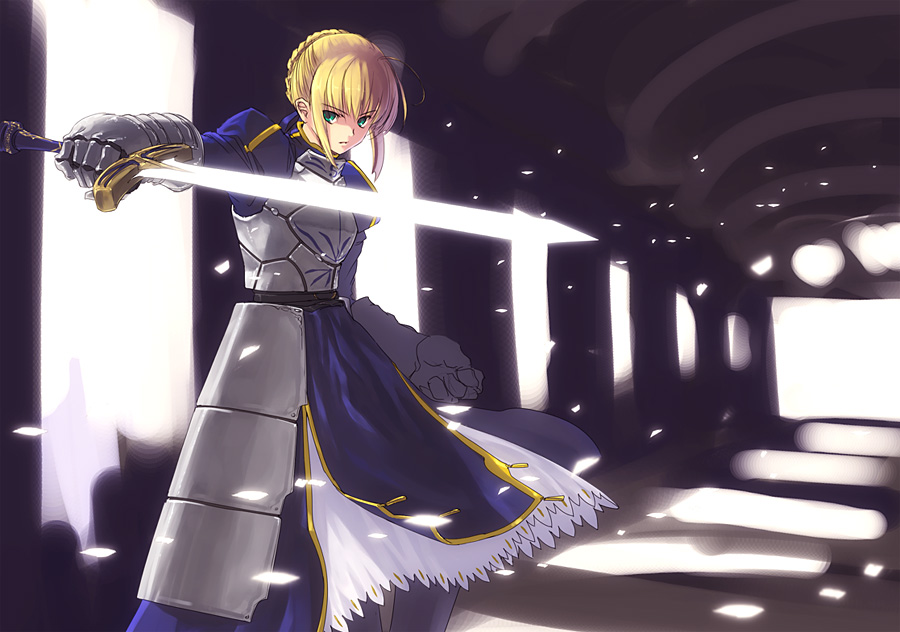 refeia, artoria pendragon (fate), saber (fate), fate/stay night, fate (series), 00s, 1girl, ahoge, armor, armored dress, blonde hair, caliburn (fate), dress, faulds, female focus, gauntlets, green eyes, solo, sword, weapon