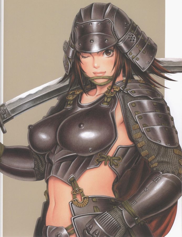 tsukasa jun, original, scan, 1girl, ;), armor, bikini armor, blush, breastplate, breasts, brown eyes, brown hair, chainmail, covered erect nipples, crop top, eyelashes, faulds, female focus, full armor, gloves, hand on own hip, helmet, hip focus, impossible clothes, japanese armor, kabuto (helmet), kote, large breasts, lips, lipstick, looking at viewer, makeup, midriff, naked armor, navel, one eye closed, pauldrons, profile, samurai, short hair, shoulder armor, simple background, smile, solo, sword, upper body, weapon, wink