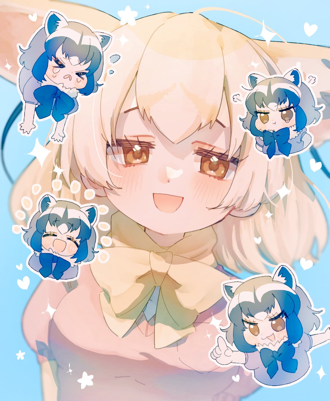 seki mhsk, common raccoon (kemono friends), fennec (kemono friends), kemono friends, highres, > <, 2girls, animal ears, black bow, black bowtie, blonde hair, blue sweater, blush, bow, bowtie, brown eyes, chibi, chibi inset, closed eyes, extra ears, fox ears, fox girl, fur collar, grey hair, hair between eyes, heart, looking at viewer, multicolored hair, multiple girls, multiple views, open mouth, orange eyes, pink sweater, puff of air, puffy short sleeves, puffy sleeves, raccoon ears, raccoon girl, raccoon tail, short hair, short sleeves, sidelocks, smile, sparkle, sweater, tail, tearing up, white fur, white hair, yellow bow, yellow bowtie