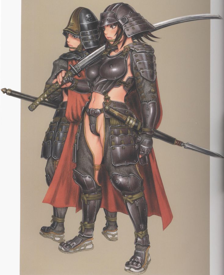 tsukasa jun, original, 2girls, armor, breastplate, breasts, cape, faulds, female focus, full armor, helmet, impossible clothes, japanese armor, kabuto (helmet), kote, large breasts, midriff, multiple girls, naked armor, pauldrons, samurai, shoulder armor, suneate, sword, tabi, weapon, what