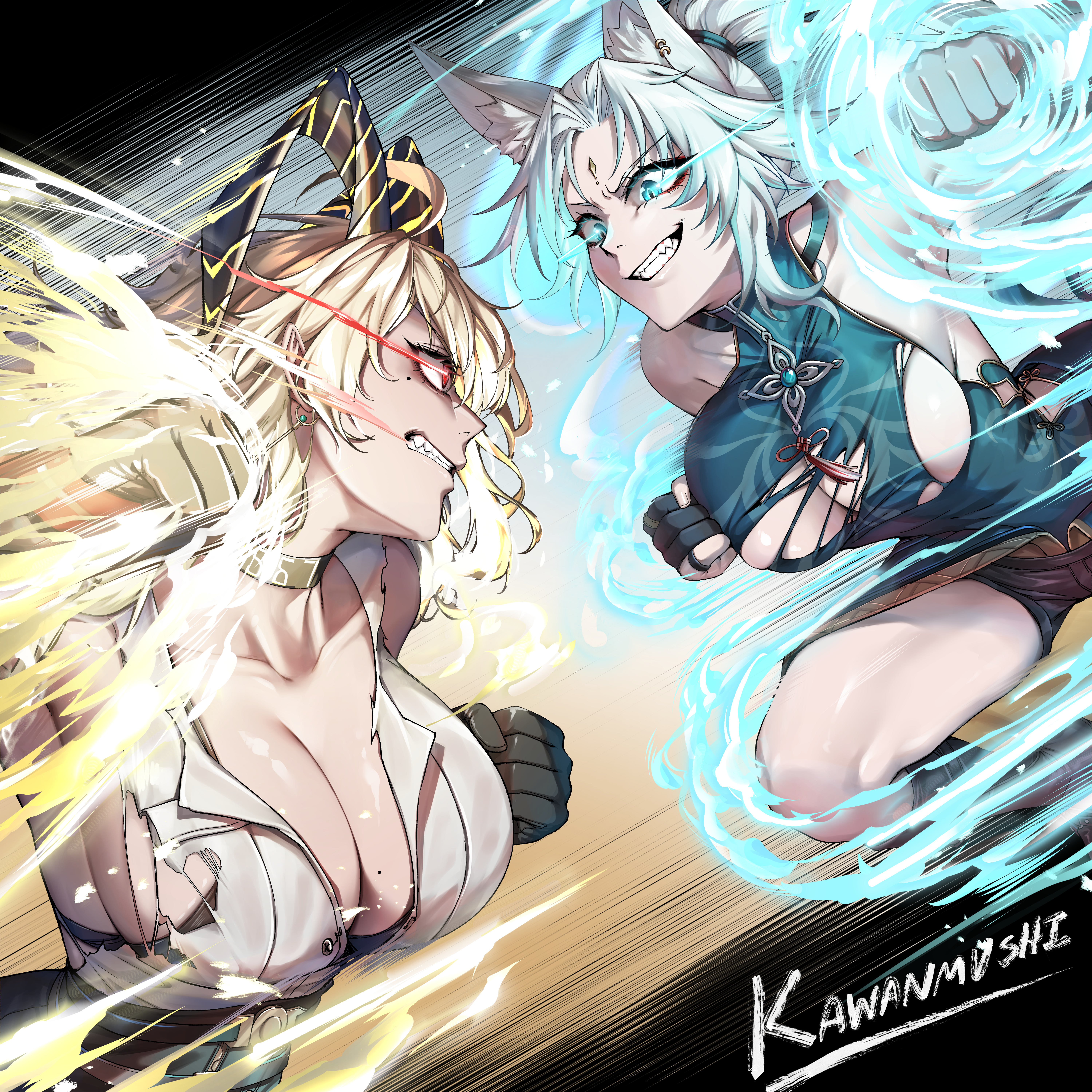 kawanmushi, feixiao (honkai: star rail), zani (wuthering waves), honkai: star rail, honkai (series), wuthering waves, absurdres, commentary, english commentary, highres, 2girls, animal ear fluff, animal ears, black bra, black choker, black gloves, black horns, black shorts, blonde hair, blue eyes, blue shirt, bra, bra peek, breasts, choker, clenched hands, clenched teeth, collarbone, crossover, curled horns, eye contact, eye trail, faceoff, forehead jewel, fox ears, fox girl, gloves, horns, large breasts, light trail, looking at another, mole, mole on breast, mole under eye, multiple girls, partially fingerless gloves, red eyes, shirt, shirt tucked in, shorts, signature, sleeveless, sleeveless shirt, teeth, torn clothes, torn shirt, underwear, white hair, white shirt