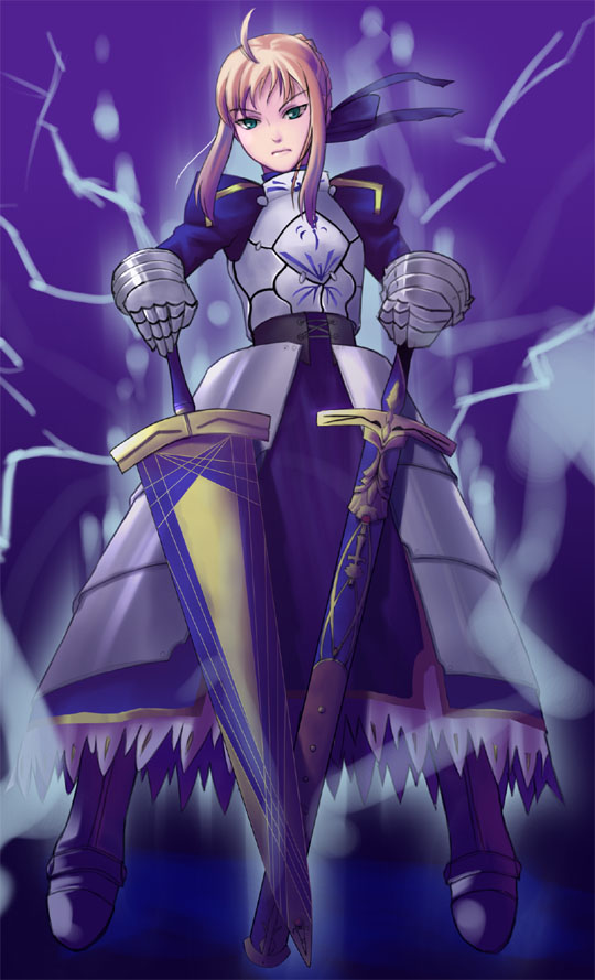 artoria pendragon (fate), saber (fate), fate/stay night, fate (series), 00s, armor, armored dress, blonde hair, dress, green eyes, solo, sword, weapon