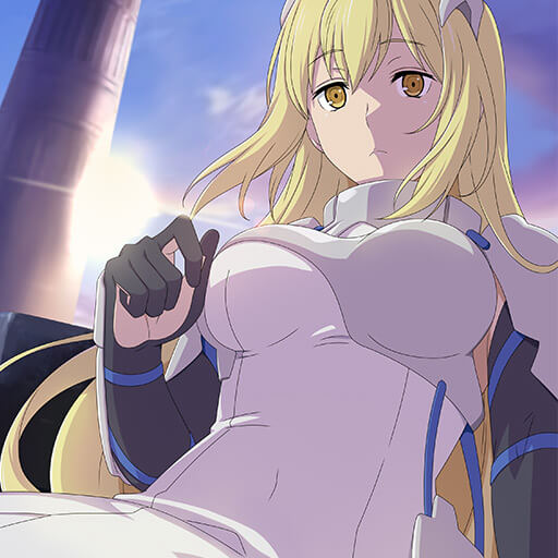 aiz wallenstein, dungeon ni deai wo motomeru no wa machigatteiru darou ka, armor, blonde hair, blue sky, lap pov, looking at viewer, sky, sunlight, tower, yellow eyes