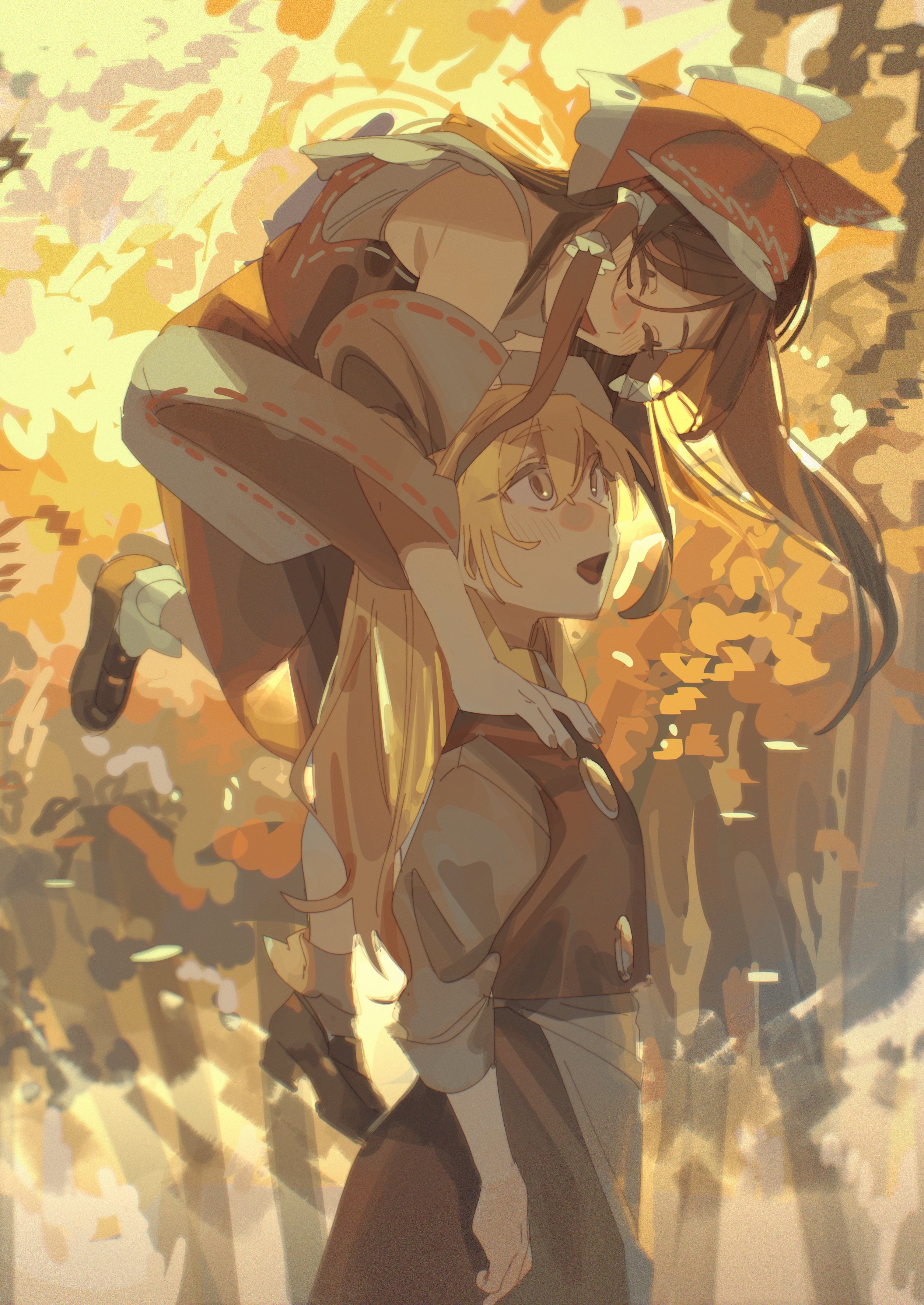 shi chimi, hakurei reimu, kirisame marisa, touhou, absurdres, highres, black dress, blonde hair, brown hair, closed eyes, dress, hair ribbon, hair tubes, laughing, long sleeves, red skirt, ribbon, shoes, skirt, tree, yellow eyes