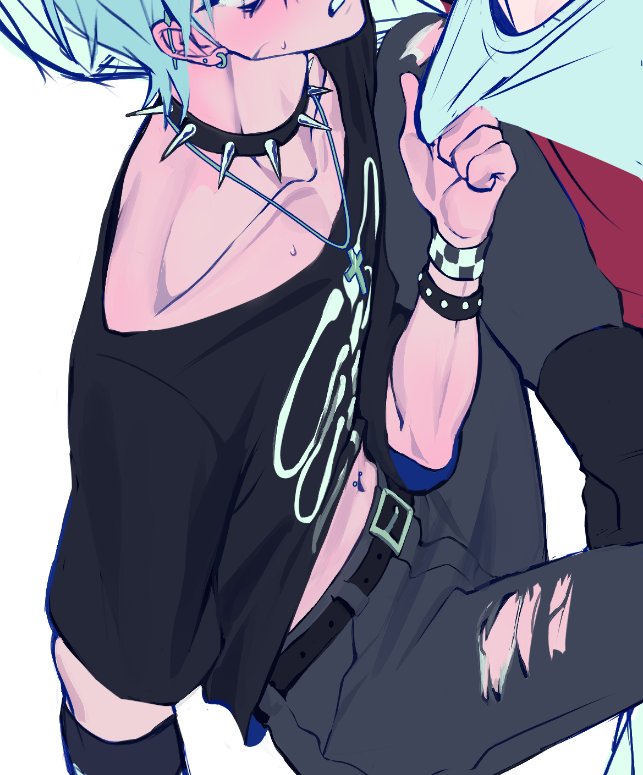 lyritart, ivan (alien stage), till (alien stage), alien stage, commentary, symbol-only commentary, 2boys, belt, black belt, black choker, black pants, black shirt, choker, clothes grab, cross, cross necklace, earrings, grey hair, jewelry, male focus, multiple boys, navel piercing, necklace, official alternate costume, pants, piercing, shirt, shirt grab, short hair, skeleton print, spiked choker, spikes, torn clothes, torn pants, white shirt