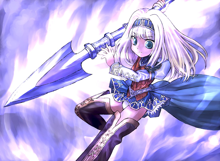 kouno hikaru, alicia, alicia (valkyrie profile 2), valkyrie profile (series), valkyrie profile 2: silmeria, 1girl, blonde hair, blue eyes, boots, female focus, hairband, long hair, nibelung valesti, overskirt, panties, pantyshot, polearm, puffy sleeves, skirt, solo, spear, standing, thigh boots, thighhighs, underwear, upskirt, weapon, white panties, zettai ryouiki