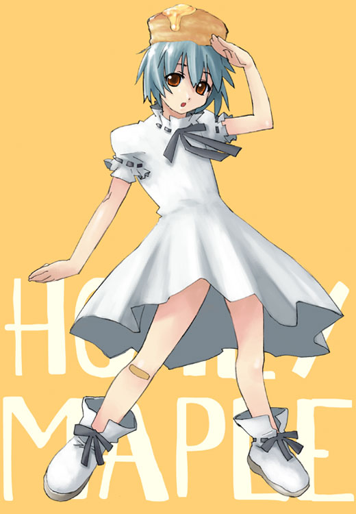 bisuke-tan, kfc, 1girl, :o, ankle boots, arm up, black bow, black bowtie, boots, bow, bowtie, dress, female focus, food, full body, green eyes, green hair, honey, looking at viewer, matching hair/eyes, object on head, open mouth, pancake, short hair, simple background, solo, white dress, yellow background