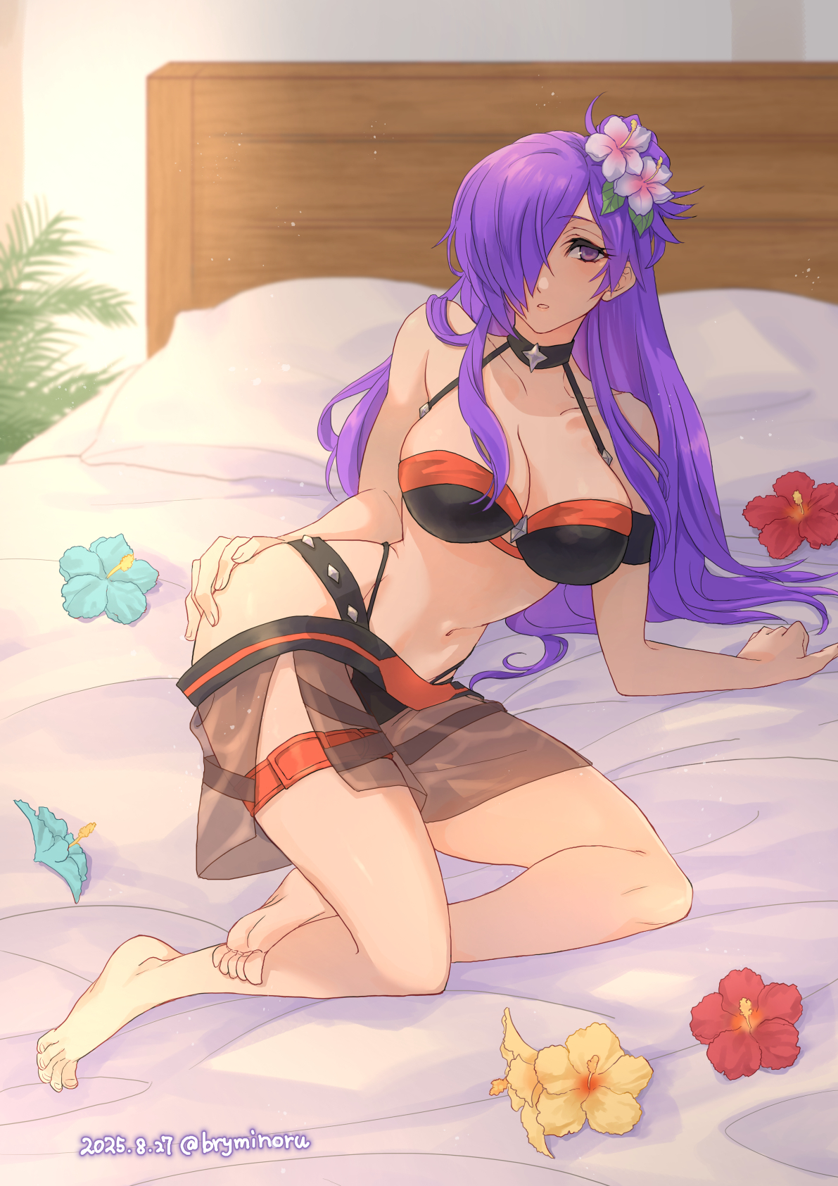 bryminoru, female shez (fire emblem), female shez (summer) (fire emblem), fire emblem, fire emblem: three houses, fire emblem heroes, fire emblem warriors: three hopes, nintendo, highres, 1girl, bare shoulders, bed, bikini, black bikini, black choker, breasts, choker, cleavage, closed mouth, flower, hair flower, hair ornament, hair over one eye, hibiscus, large breasts, long hair, looking at viewer, lying, navel, official alternate costume, on side, parted lips, purple eyes, purple hair, solo, stomach, swimsuit, thigh strap, white flower