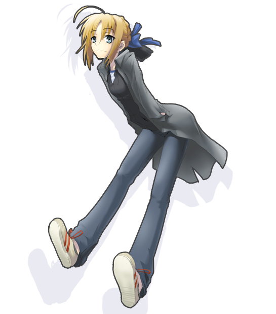 artoria pendragon (fate), saber (fate), fate/stay night, fate (series), 00s, ahoge, black theme, blonde hair, casual, green eyes, shoes, sneakers, solo
