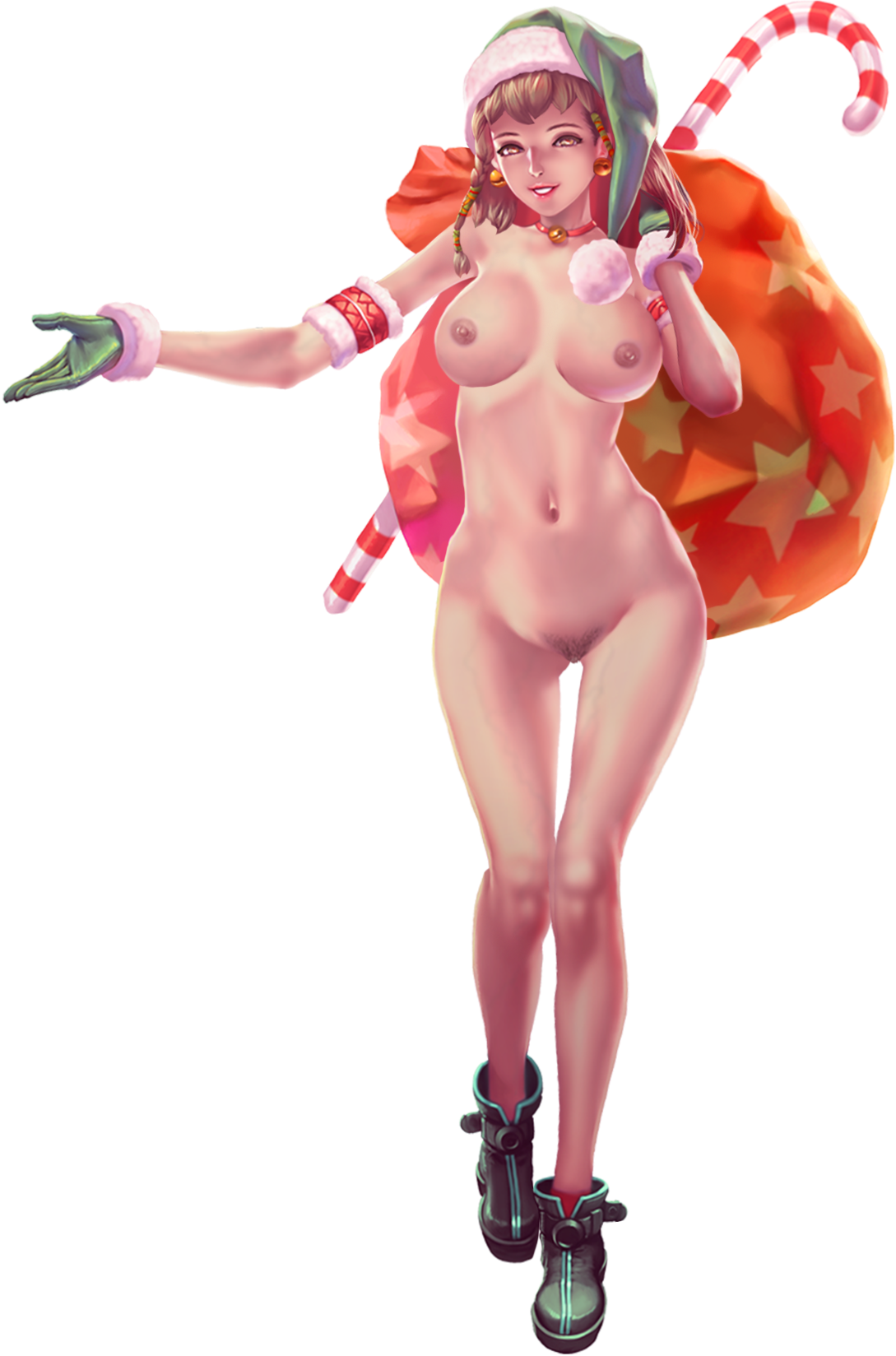 crystal maiden (series), artist request, game cg, highres, official art, variant set, 1girl, bell, bow, braid, breasts, brown hair, candy, cleavage, collar, food, full body, gloves, green bow, groin, hat, jingle bell, jingle bell earrings, naku (crystal maidens), navel, nipples, nude, pantyhose, pubic hair, santa hat, shoes, short hair, smile, solo, star (symbol), star print, transparent background
