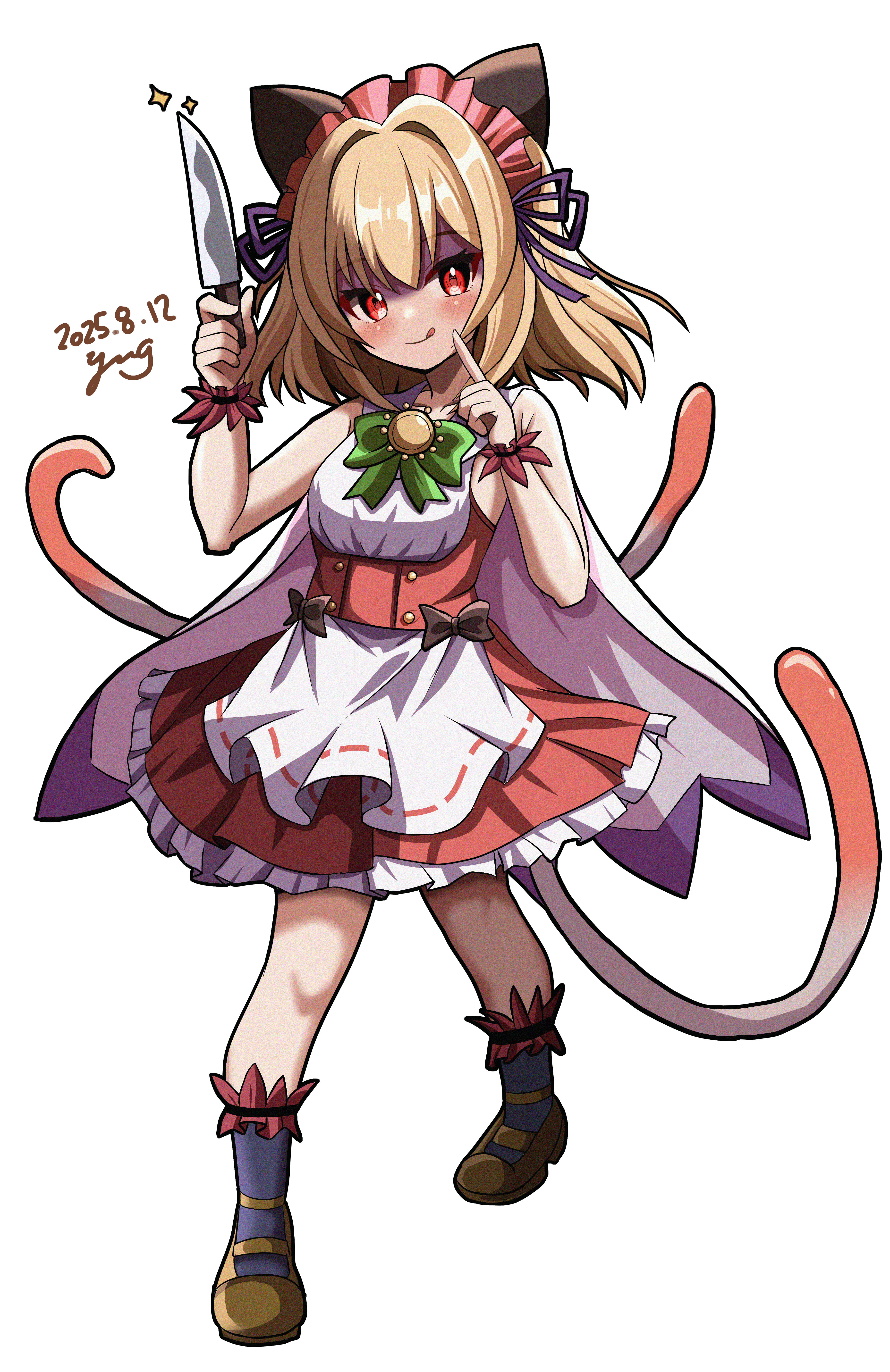 yanapy, emil chronicle online, absurdres, highres, 1girl, :q, apron, artist name, blonde hair, blue socks, breasts, brown ribbon, brown shoes, cloak, dated, dress, finger to cheek, frilled hairband, frilled wristband, frills, green ribbon, hair ribbon, hairband, holding, holding knife, kitchen knife, knife, large ribbon, licking lips, medium breasts, multiple tails, neck ribbon, purple ribbon, red dress, red eyes, ribbon, shoes, signature, sleeveless, sleeveless dress, socks, solo, tail, tentacle alma, tongue, tongue out, two-tone dress, waist apron, white background, white cloak, white dress
