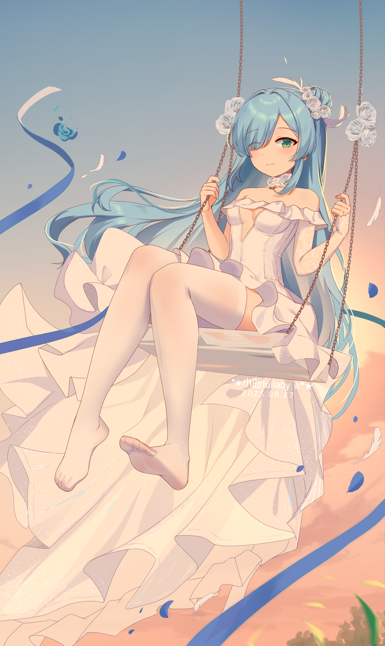 xiao shi lullaby, janus (azur lane), azur lane, chinese commentary, commentary request, highres, 1girl, aqua hair, artist name, breasts, choker, cleavage, cleavage cutout, closed mouth, clothing cutout, dated, dress, evening, falling feathers, falling petals, feathers, feet, flower, green eyes, hair bun, hair flower, hair ornament, hair over one eye, lace, lace choker, light smile, looking at viewer, no shoes, on swing, petals, rose, single side bun, single sleeve, single sleeve past wrist, sky, small breasts, soles, swept bangs, swing, thighhighs, thighs, toes, wedding dress, white choker, white dress, white flower, white rose, white thighhighs, zettai ryouiki