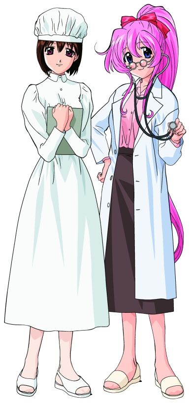 kurumi (koutetsu tenshi kurumi), saki (koutetsu tenshi kurumi), koutetsu tenshi kurumi, 2girls, brown hair, doctor, glasses, medical, multiple girls, nurse, pantyhose, pink hair, ponytail, stethoscope