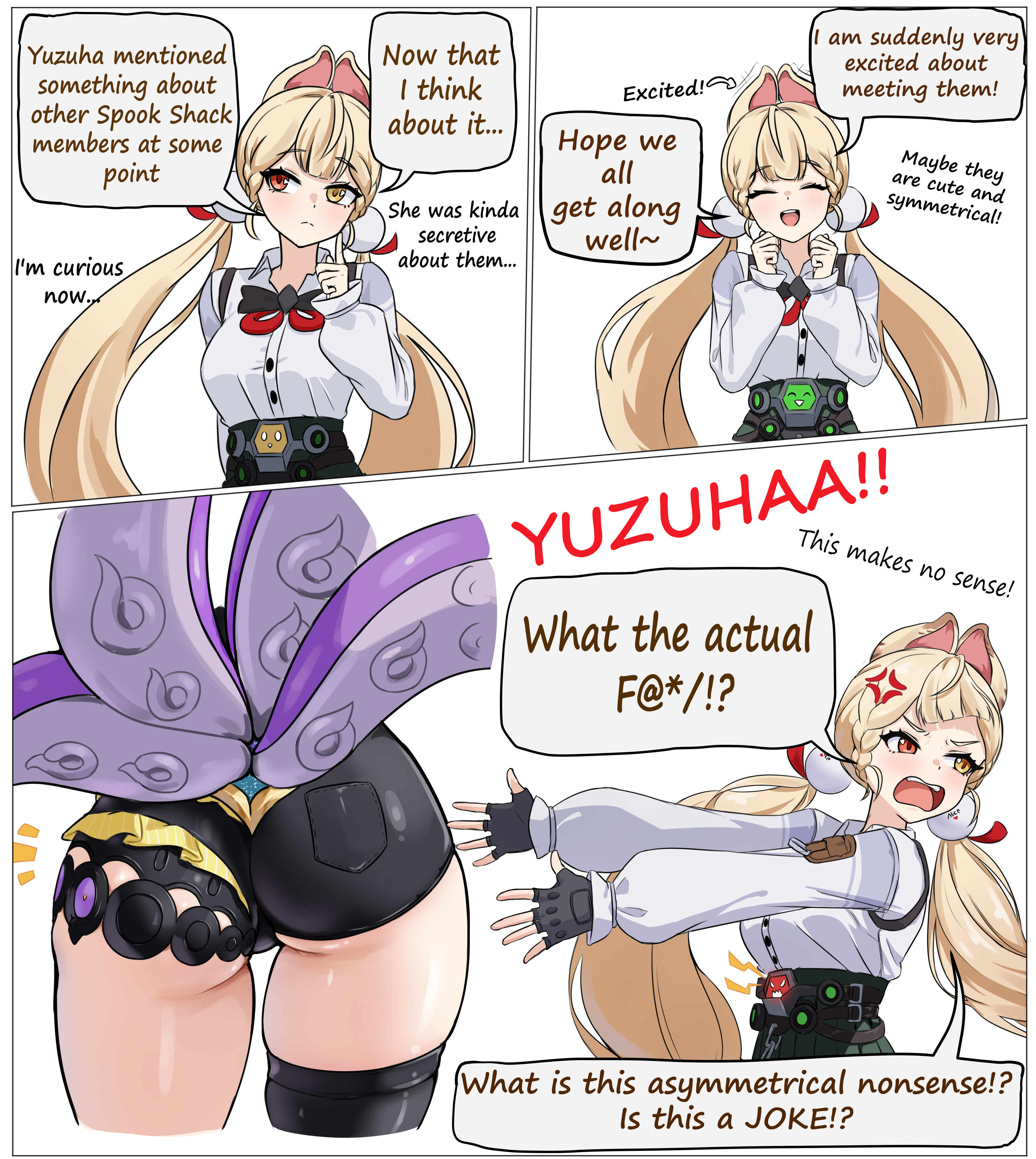 zancrowkami, alice thymefield, yidhari (zenless zone zero), zenless zone zero, absurdres, commentary, english commentary, highres, 2girls, ^ ^, anger vein, animal ears, ass, black gloves, black thighhighs, blonde hair, closed eyes, closed mouth, collared shirt, english text, fingerless gloves, gloves, heterochromia, long hair, multiple girls, open mouth, red eyes, shirt, single thighhigh, teeth, tentacle tail, tentacles, thighhighs, twintails, upper teeth only, very long hair, white shirt, yellow eyes