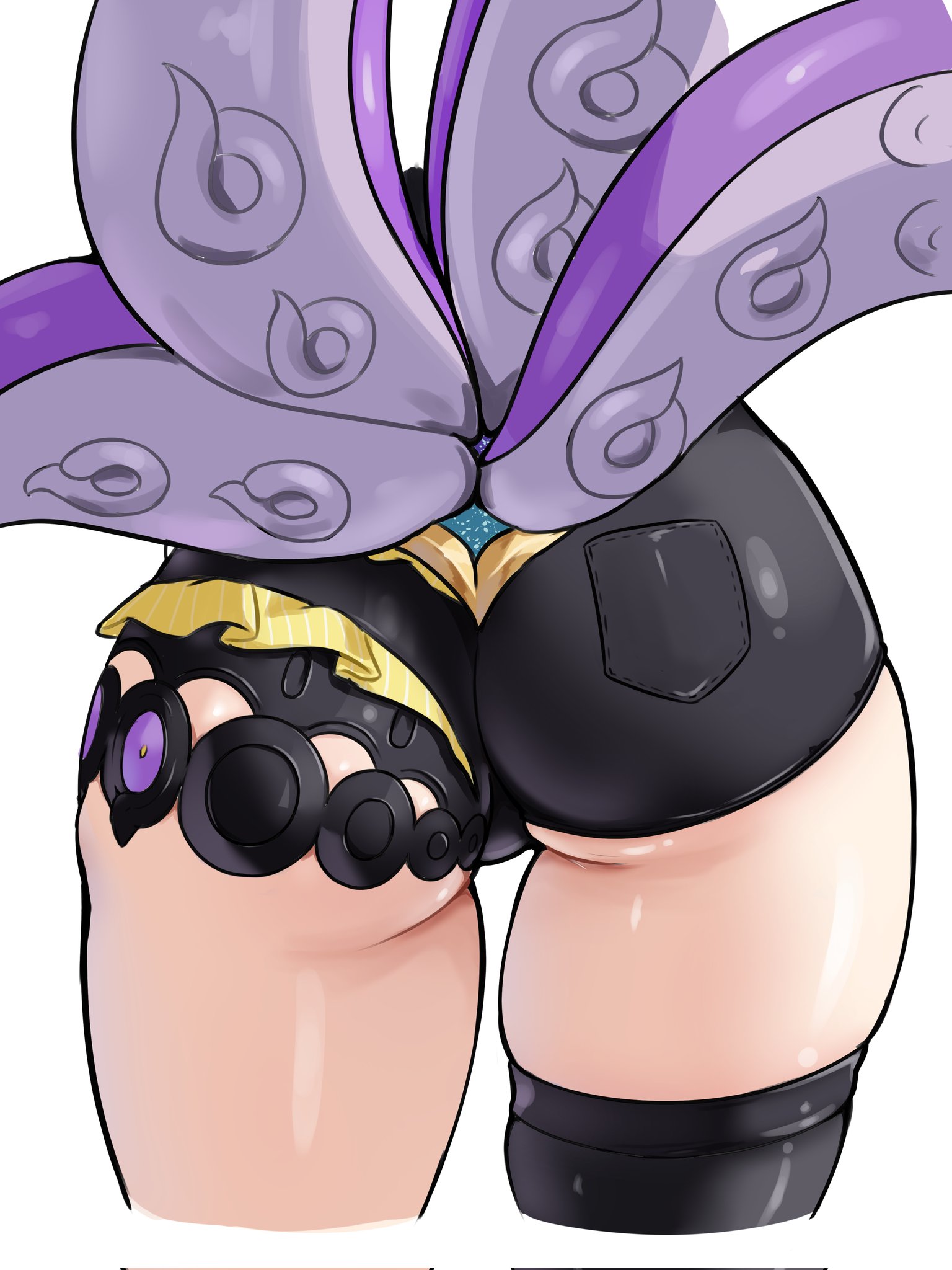 zancrowkami, yidhari (zenless zone zero), zenless zone zero, commentary, english commentary, highres, 1girl, ass, ass focus, black shorts, black thighhighs, close-up, cropped legs, from behind, pocket, shorts, simple background, single thighhigh, solo, tentacle tail, tentacles, thighhighs, thighs, white background