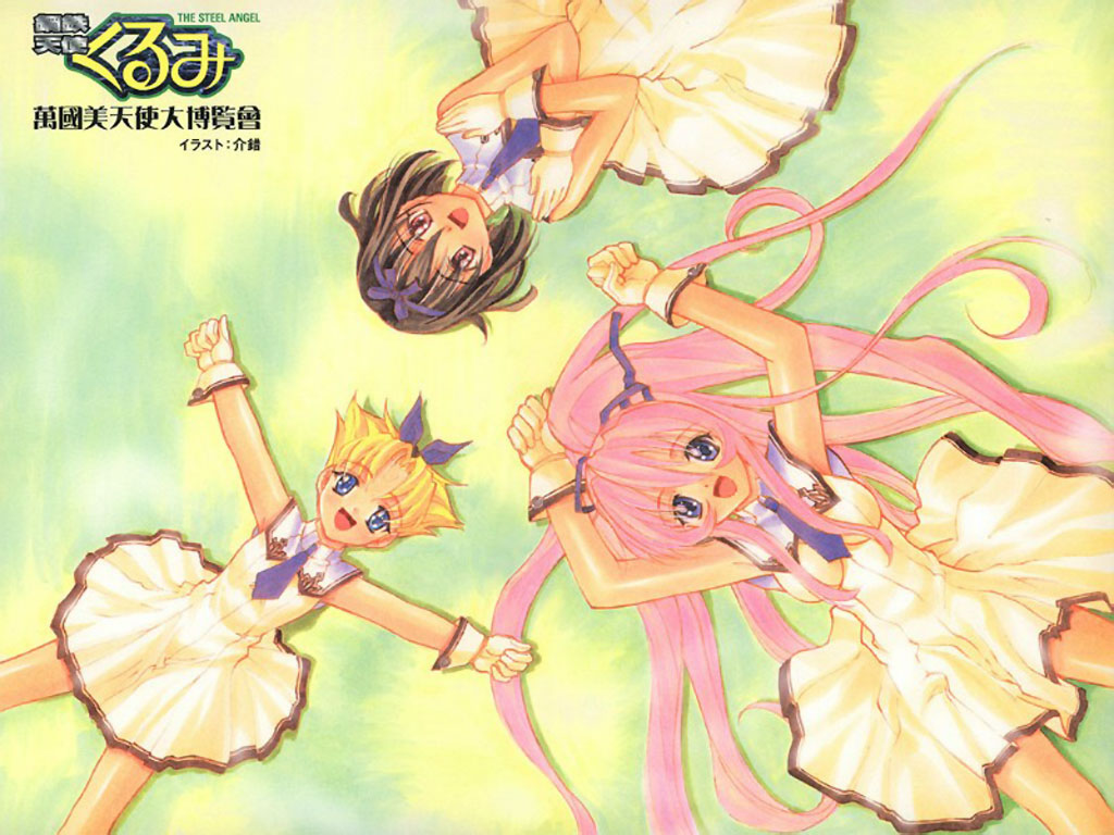 karinka, karinka (koutetsu tenshi kurumi), kurumi (koutetsu tenshi kurumi), saki (koutetsu tenshi kurumi), koutetsu tenshi kurumi, scan, 3girls, bow, circle formation, dress, gloves, multiple girls, necktie
