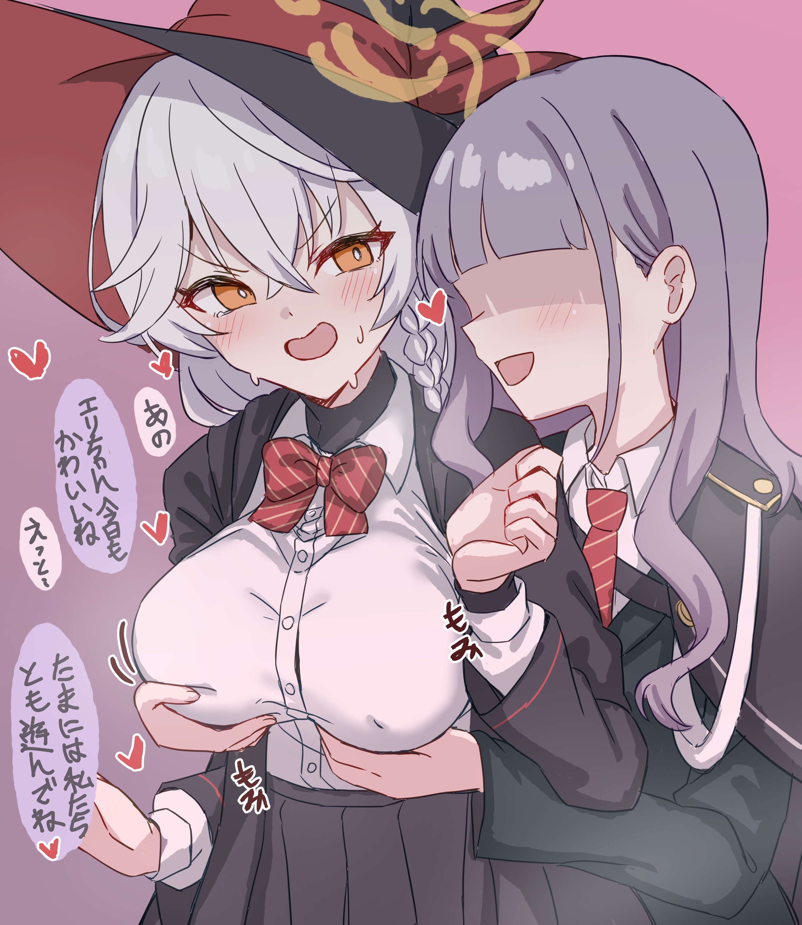 000 (jicasoe), eri (blue archive), blue archive, absurdres, highres, translation request, 2girls, black coat, black hat, black skirt, bow, bowtie, breasts, coat, faceless, faceless female, grabbing another's breast, grabbing from behind, grey hair, groping, hair between eyes, halo, hat, heart, large breasts, long hair, long sleeves, multiple girls, necktie, open clothes, open coat, red bow, red bowtie, red necktie, shirt, skirt, smile, speech bubble, white hair, white shirt, witch hat, yellow eyes, yellow halo, yuri