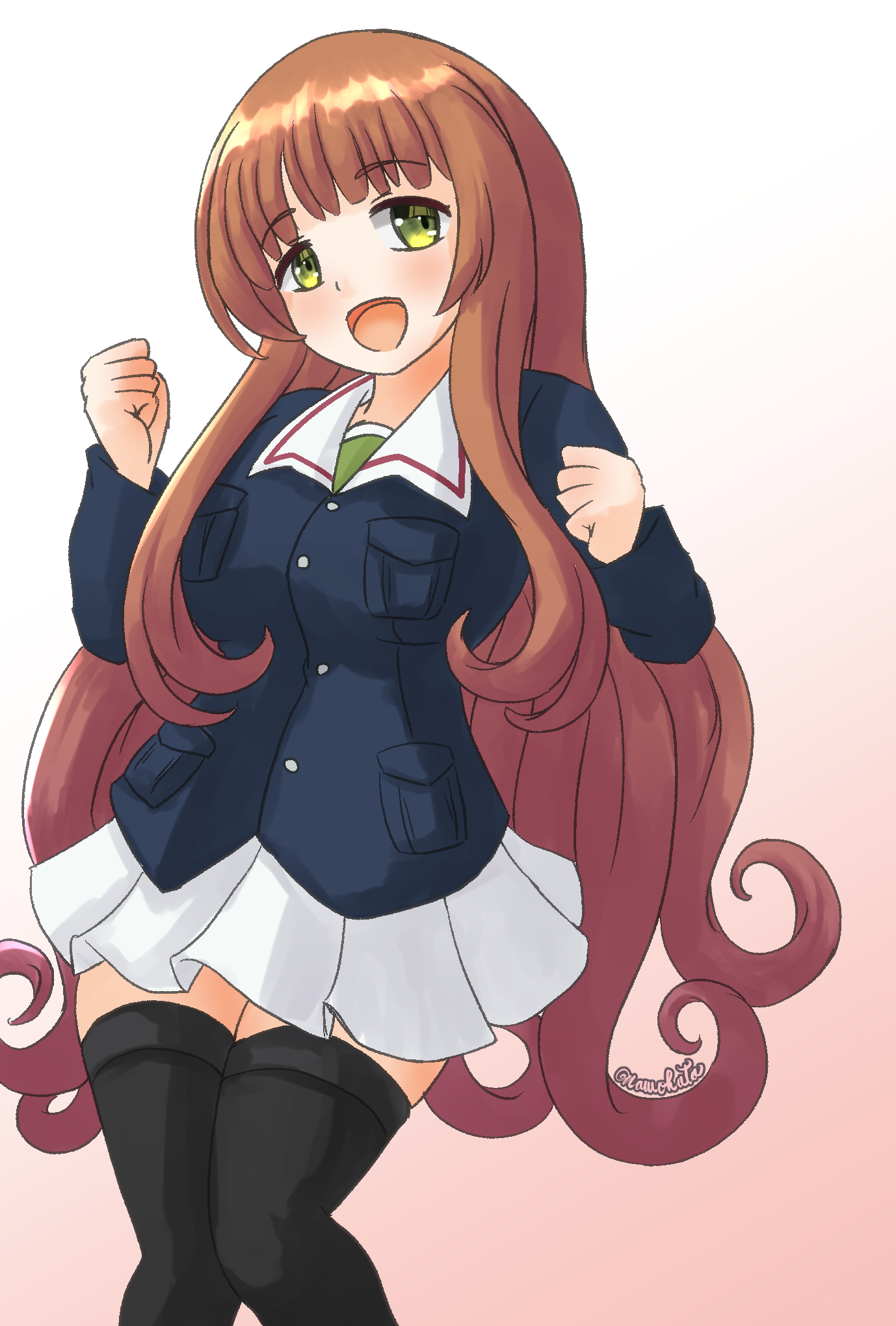 nawohata, helena (kancolle), takebe saori, girls und panzer, kantai collection, highres, 1girl, alternate costume, black jacket, black thighhighs, breasts, brown hair, cosplay, cowboy shot, gradient background, green eyes, jacket, large breasts, long hair, long sleeves, looking at viewer, ooarai military uniform, open mouth, pink background, pleated skirt, school uniform, skirt, smile, solo, takebe saori (cosplay), thighhighs, twitter username, white skirt