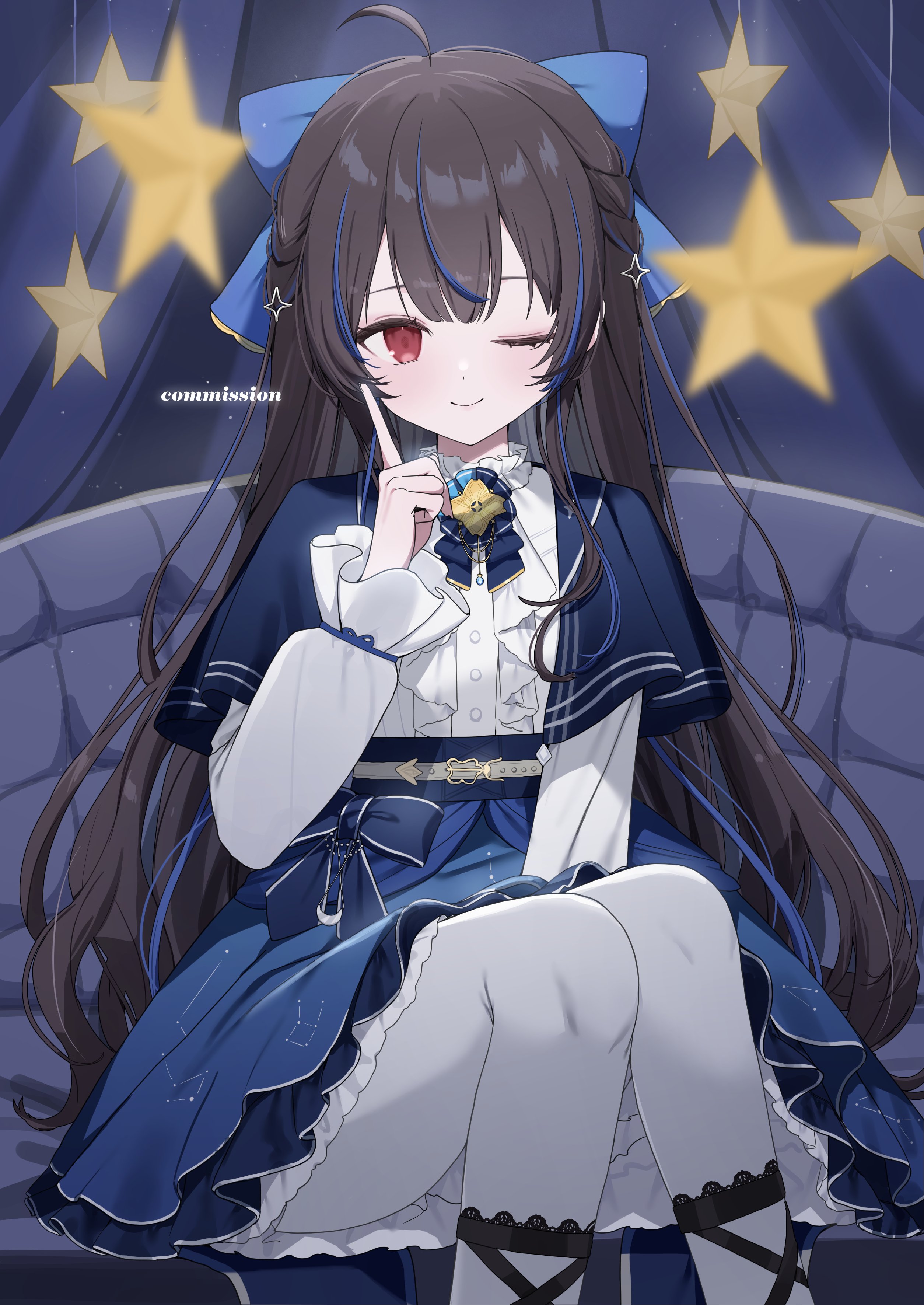 kohaku sogo, original, absurdres, highres, 1girl, ahoge, ascot, blue ascot, blue bow, blue dress, blue hair, blush, bow, breasts, brown hair, chair, closed mouth, dress, hair bow, hair ornament, long hair, long sleeves, looking at viewer, multicolored hair, one eye closed, pantyhose, red eyes, sitting, smile, solo, star (symbol), streaked hair, white dress, white pantyhose