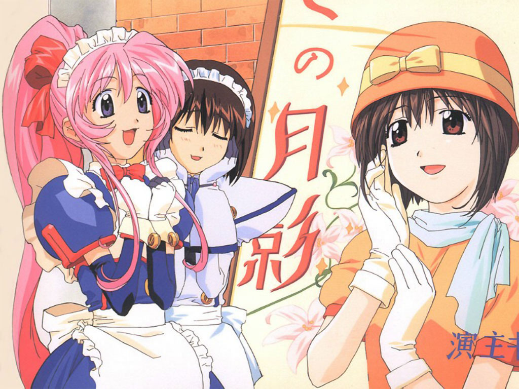 kurumi (koutetsu tenshi kurumi), saki (koutetsu tenshi kurumi), koutetsu tenshi kurumi, scan, 3girls, bow, gloves, hat, multiple girls, poster (medium), poster (object)