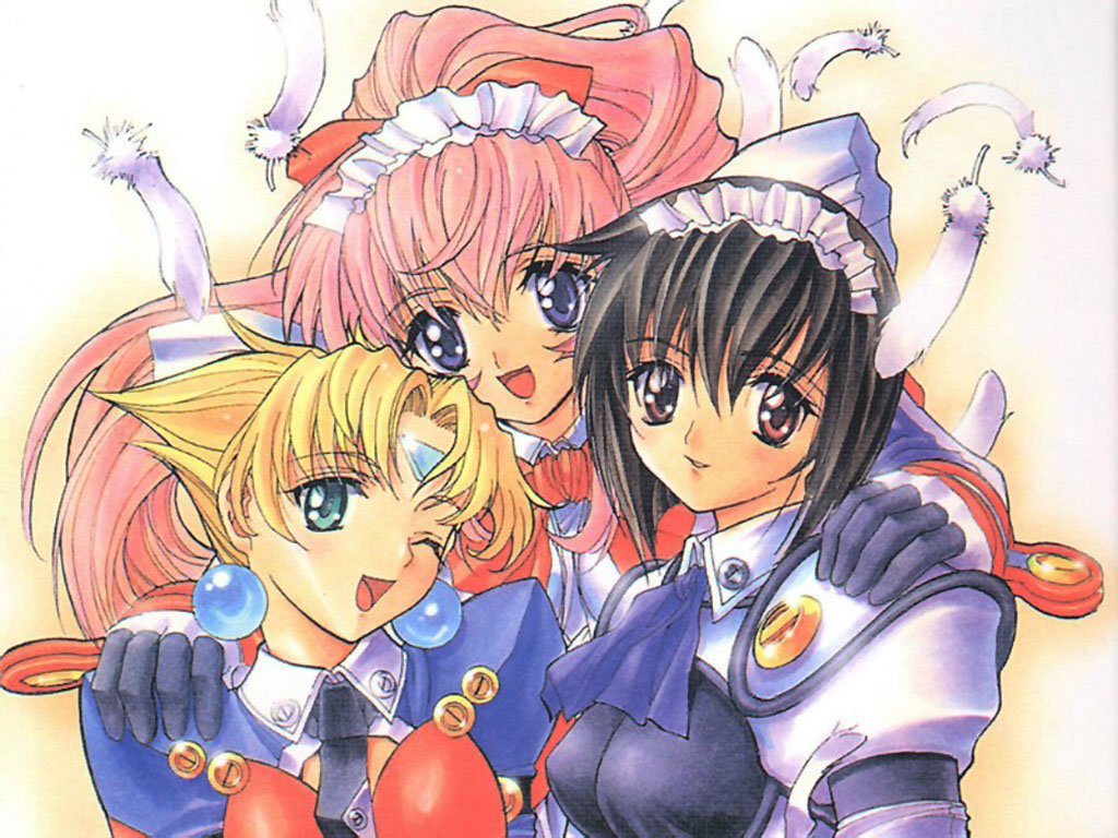 karinka, karinka (koutetsu tenshi kurumi), kurumi (koutetsu tenshi kurumi), saki (koutetsu tenshi kurumi), koutetsu tenshi kurumi, saki (manga), scan, 00s, 3girls, bow, earrings, feathers, gloves, jewelry, multiple girls, necktie