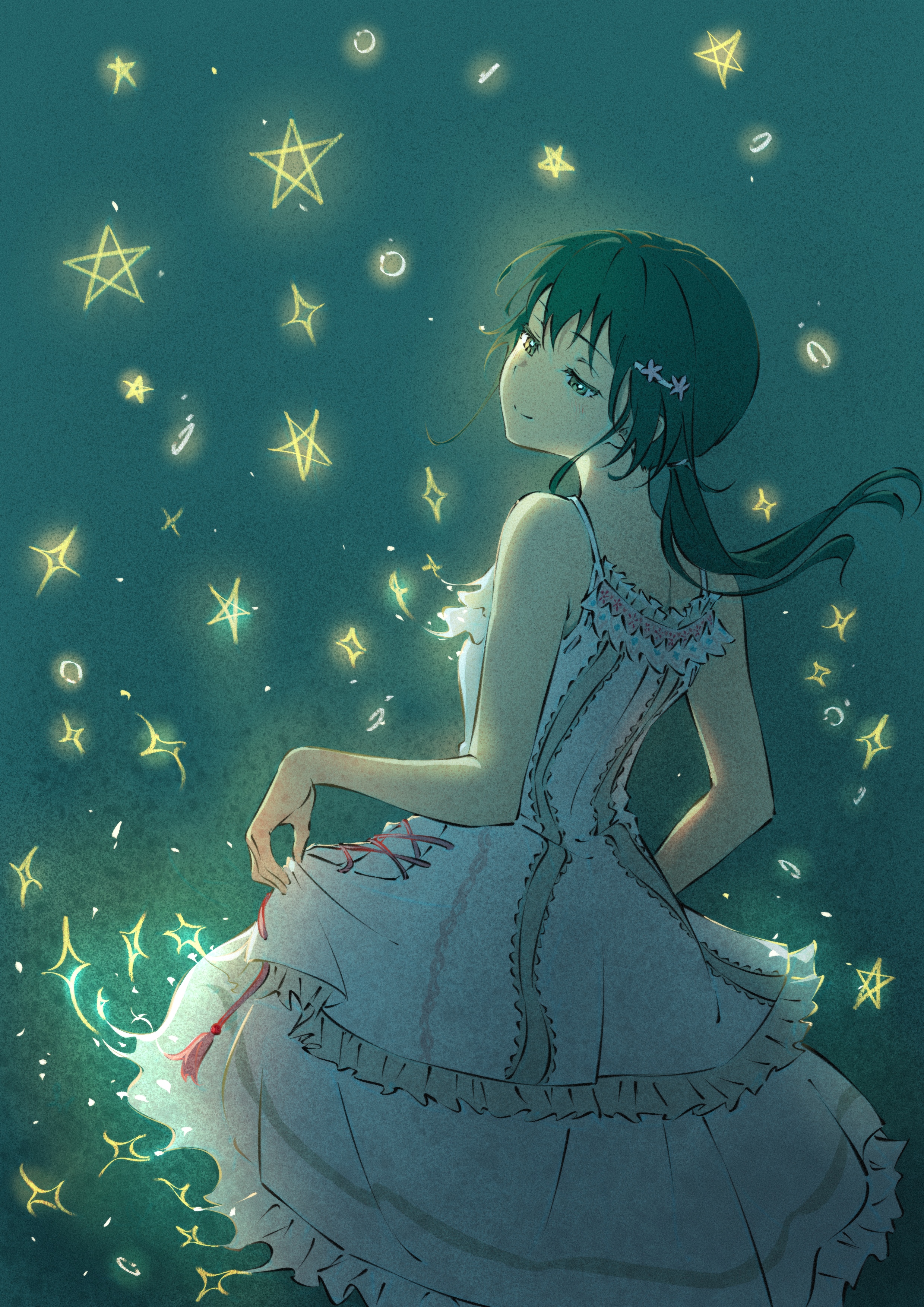 itaro, minowa gin, washio sumi wa yuusha de aru, yuusha de aru, absurdres, highres, 1girl, bare arms, bare shoulders, black hair, closed mouth, dress, floating hair, frilled dress, frills, hair ornament, long hair, low twintails, skirt hold, sleeveless, sleeveless dress, solo, sundress, twintails, white dress