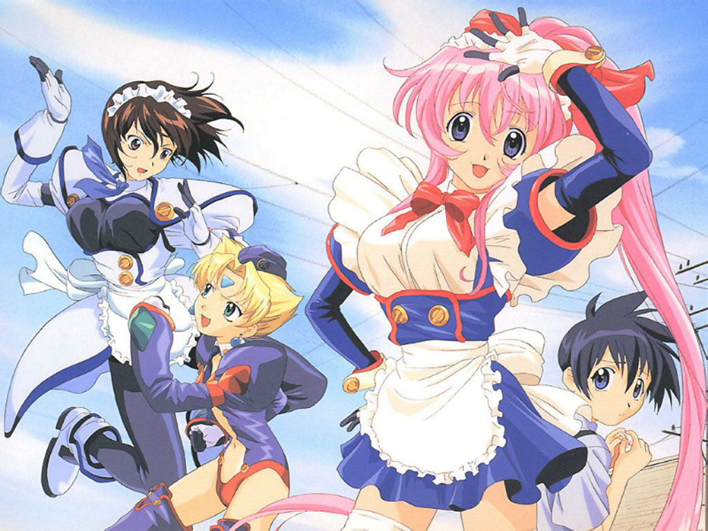 kagura nakahito, karinka, karinka (koutetsu tenshi kurumi), kurumi, kurumi (koutetsu tenshi kurumi), saki (koutetsu tenshi kurumi), saki (steel angel kurumi), koutetsu tenshi kurumi, scan, 1boy, 3girls, bow, day, fighting, gloves, hat, maid, multiple girls, pantyhose, power lines, skirt, sky, teenage girl and younger boy, thighhighs, zettai ryouiki