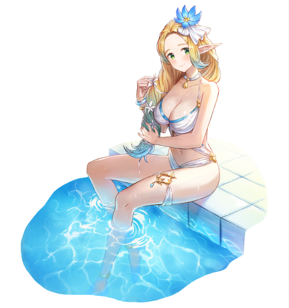 lorraine (king's raid), king's raid, artist request, commentary, commentary request, english commentary, korean commentary, mixed-language commentary, official art, second-party source, adjusting hair, bangle, bikini, blonde hair, blue flower, blue hair, bracelet, breasts, cleavage, elf, flower, green eyes, green hair, hair flower, hair ornament, jewelry, large breasts, long hair, looking at viewer, multicolored hair, official alternate costume, pointy ears, poolside, sitting, smile, soaking feet, swimsuit, water, white bikini, white flower