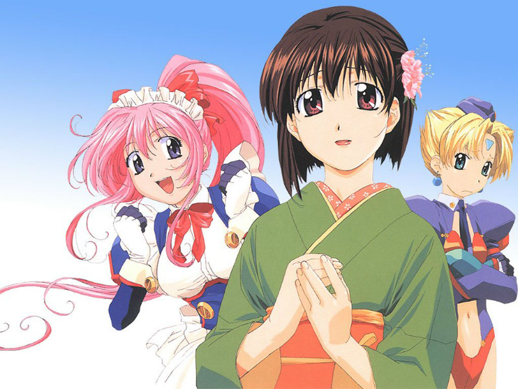 karinka, karinka (koutetsu tenshi kurumi), kurumi, kurumi (koutetsu tenshi kurumi), saki (koutetsu tenshi kurumi), saki (steel angel kurumi), koutetsu tenshi kurumi, saki (manga), official art, official wallpaper, 00s, 3girls, :d, aqua eyes, black hair, blonde hair, blue eyes, bow, bowtie, earrings, facial mark, flat chest, flower, forehead mark, frown, garrison cap, gloves, hair bow, hair flower, hair ornament, hat, japanese clothes, jewelry, kimono, lipstick, long hair, maid, maid headdress, makeup, multiple girls, navel, necktie, obi, open mouth, pink hair, ponytail, red eyes, sash, short hair, smile, upper body, very long hair