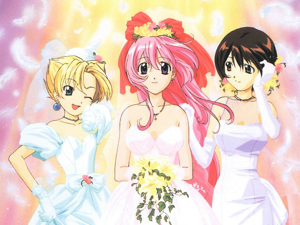 karinka, karinka (koutetsu tenshi kurumi), kurumi, kurumi (koutetsu tenshi kurumi), saki (koutetsu tenshi kurumi), saki (steel angel kurumi), koutetsu tenshi kurumi, 3girls, bow, bride, dress, earrings, flower, gloves, jewelry, multiple girls, necklace, wedding dress, yuri