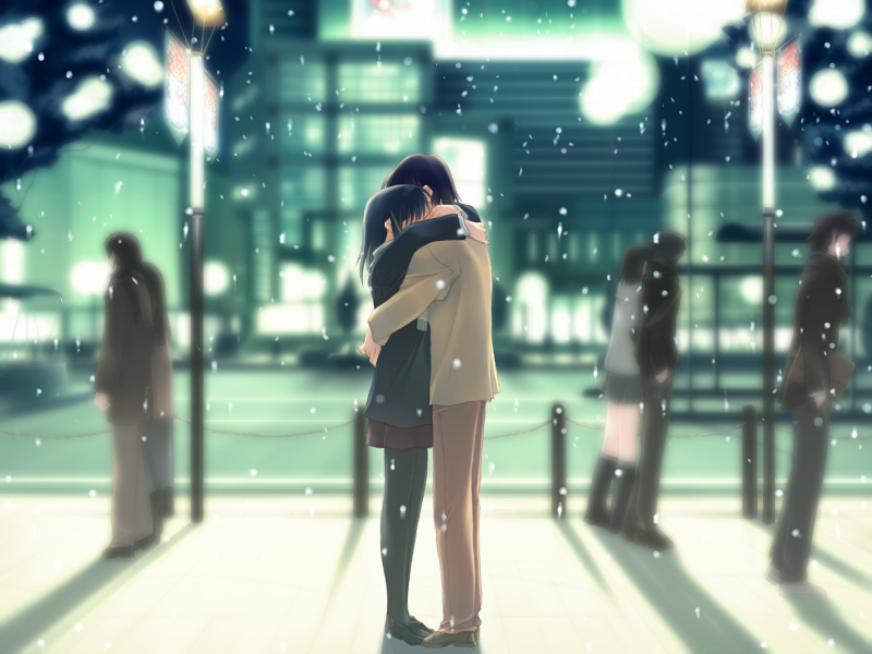 mitsumi misato, nakamura takeshi, kida tokinori, kurihara touko, tenshi no inai 12-gatsu, black legwear, lights, game cg, 3girls, 4boys, arm around waist, arms around neck, black hair, blurry, boots, briefcase, building, city, coat, couple, depth of field, from side, full body, hand in pocket, hand on another's back, hand on another's shoulder, height difference, holding, hug, knee boots, lamppost, loafers, long hair, miniskirt, multiple boys, multiple girls, outdoors, pants, pantyhose, railing, road, scarf, shadow, shoes, short hair, skirt, snow, snowing, standing, street