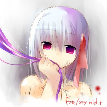 jin rikuri, dark sakura, matou sakura, fate/stay night, fate (series), light purple hair, lowres, 00s, 1girl, collarbone, female focus, hair ribbon, holding, looking at viewer, purple eyes, red ribbon, ribbon, short hair, solo, topless frame, upper body