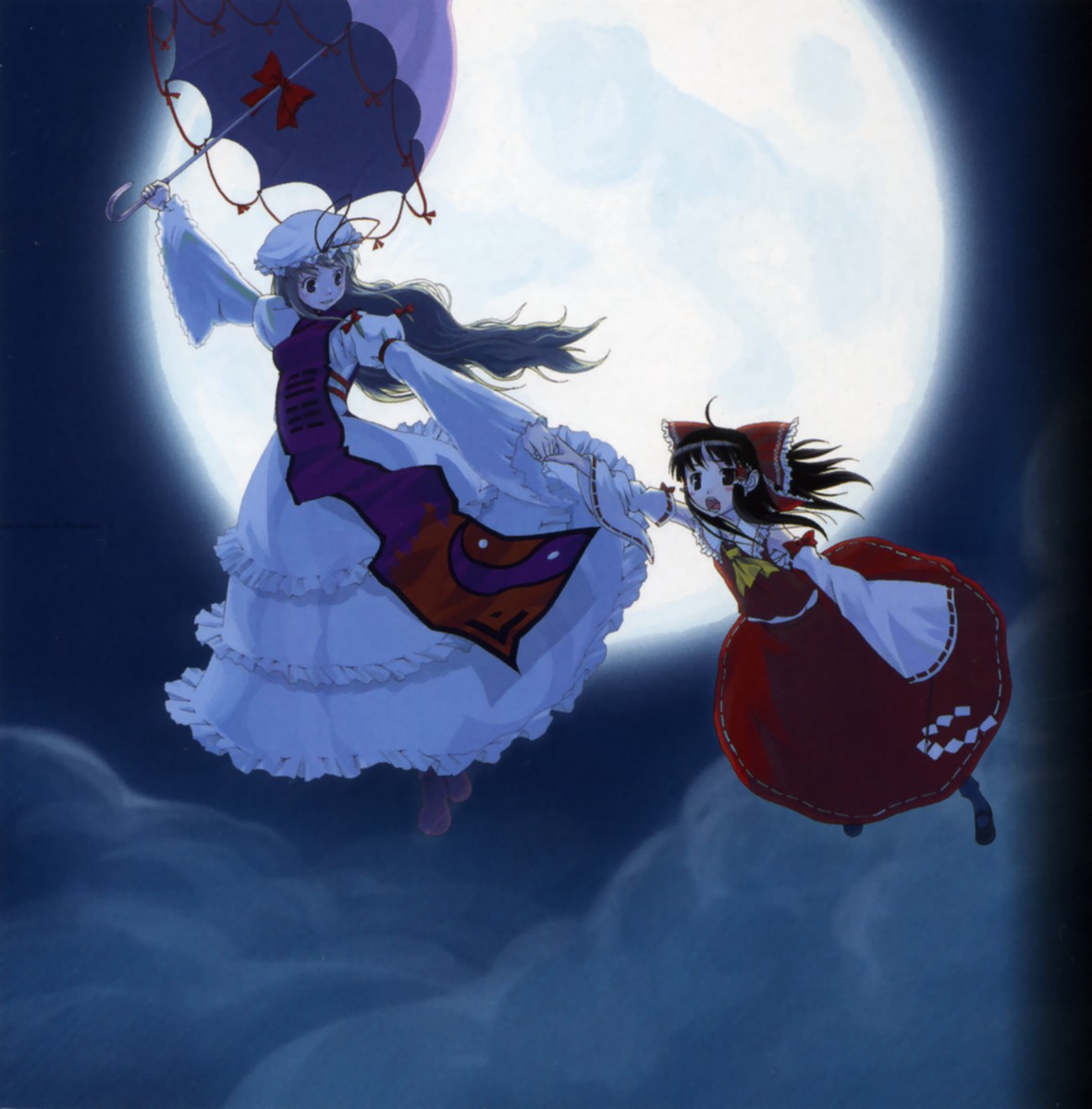 hakurei reimu, yakumo yukari, touhou, highres, 2girls, can you read my mind, female focus, flying, holding hands, moon, multiple girls, umbrella