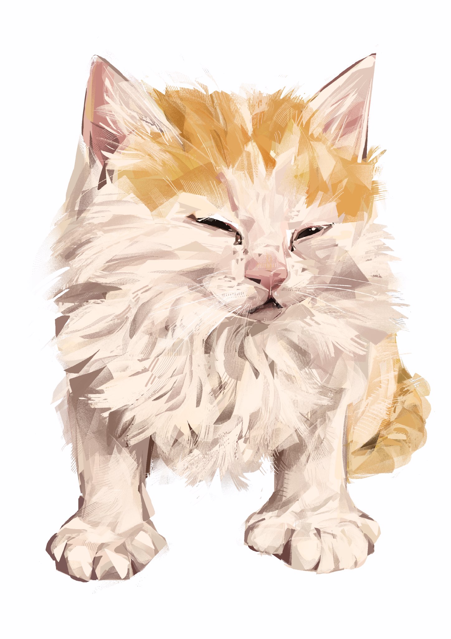 junbuug, original, large feet, commentary, english commentary, highres, animal focus, cat, close-up, golden british shorthair, half-closed eyes, looking at viewer, no humans, painterly, squinting