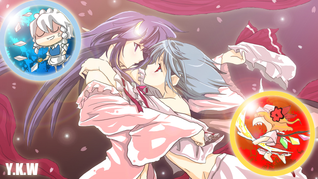 flandre scarlet, izayoi sakuya, patchouli knowledge, remilia scarlet, embodiment of scarlet devil, kannazuki no miko, touhou, 4girls, anger vein, angry, blue hair, braid, chibi, crescent moon, eye contact, female focus, from side, hair ornament, hat, hat ribbon, holding, holding unworn clothes, holding unworn hat, hug, long hair, looking at another, miko embrace, moon, multiple girls, parody, pointy ears, purple eyes, purple hair, red eyes, ribbon, short hair, twin braids, unworn hat, unworn headwear, wings, yuri