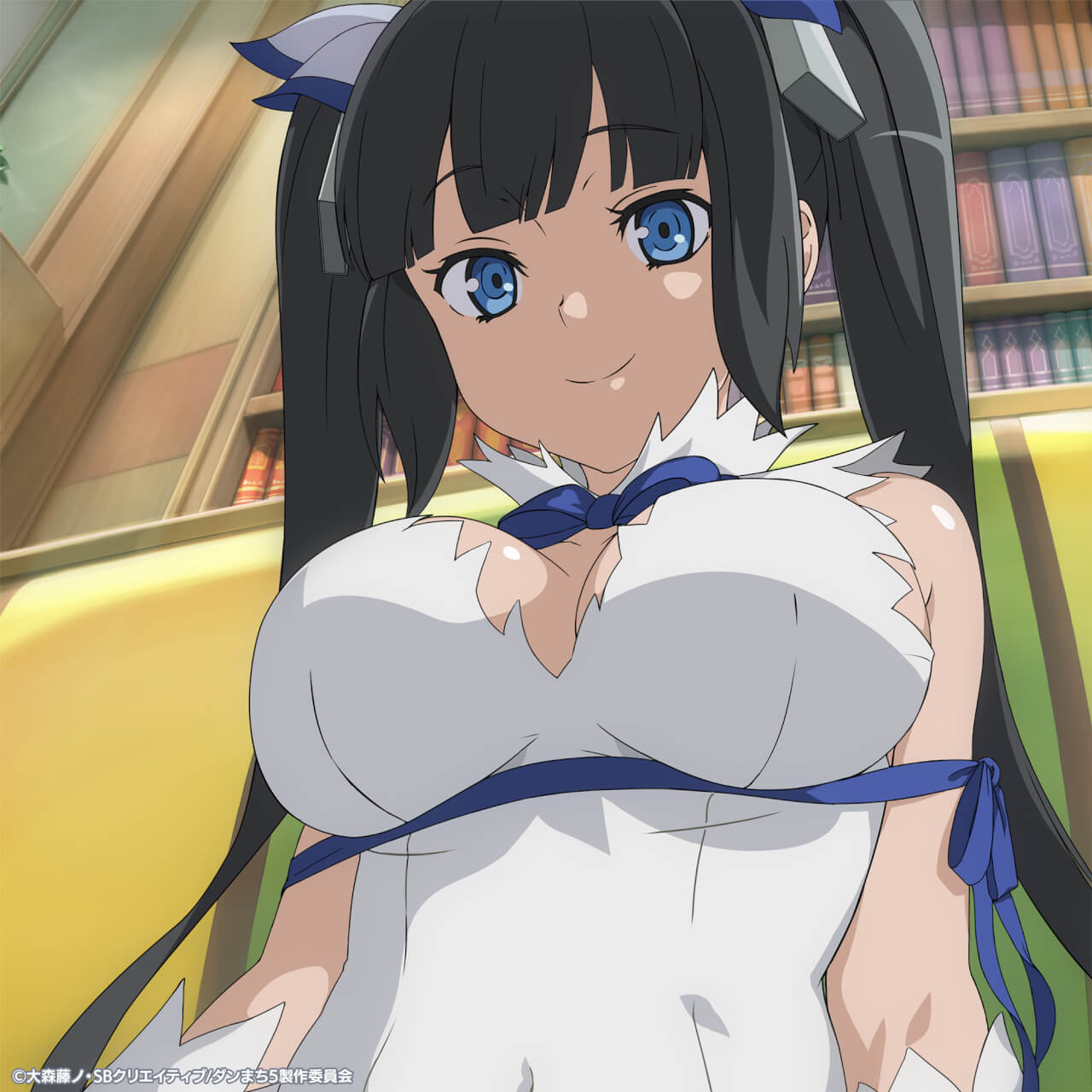 hestia (danmachi), dungeon ni deai wo motomeru no wa machigatteiru darou ka, highres, official art, 1girl, arm ribbon, bare shoulders, black hair, blue eyes, blue ribbon, blunt bangs, bookshelf, breasts, cleavage, cleavage cutout, closed mouth, clothing cutout, couch, dress, gloves, hair ribbon, lap pov, large breasts, long hair, looking at viewer, neck ribbon, pencil dress, rei no himo, ribbon, sidelocks, sleeveless, sleeveless dress, smile, solo, twintails, upper body, white dress, white gloves, white ribbon
