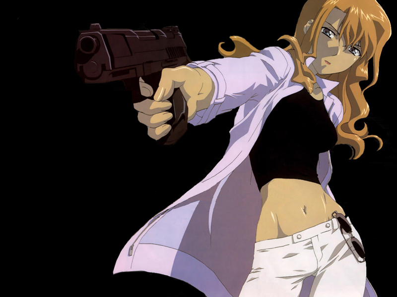mireille bouquet, noir (anime), 00s, 1girl, black background, blonde hair, breasts, female focus, gun, midriff, navel, pants, simple background, solo, standing, sunglasses, weapon