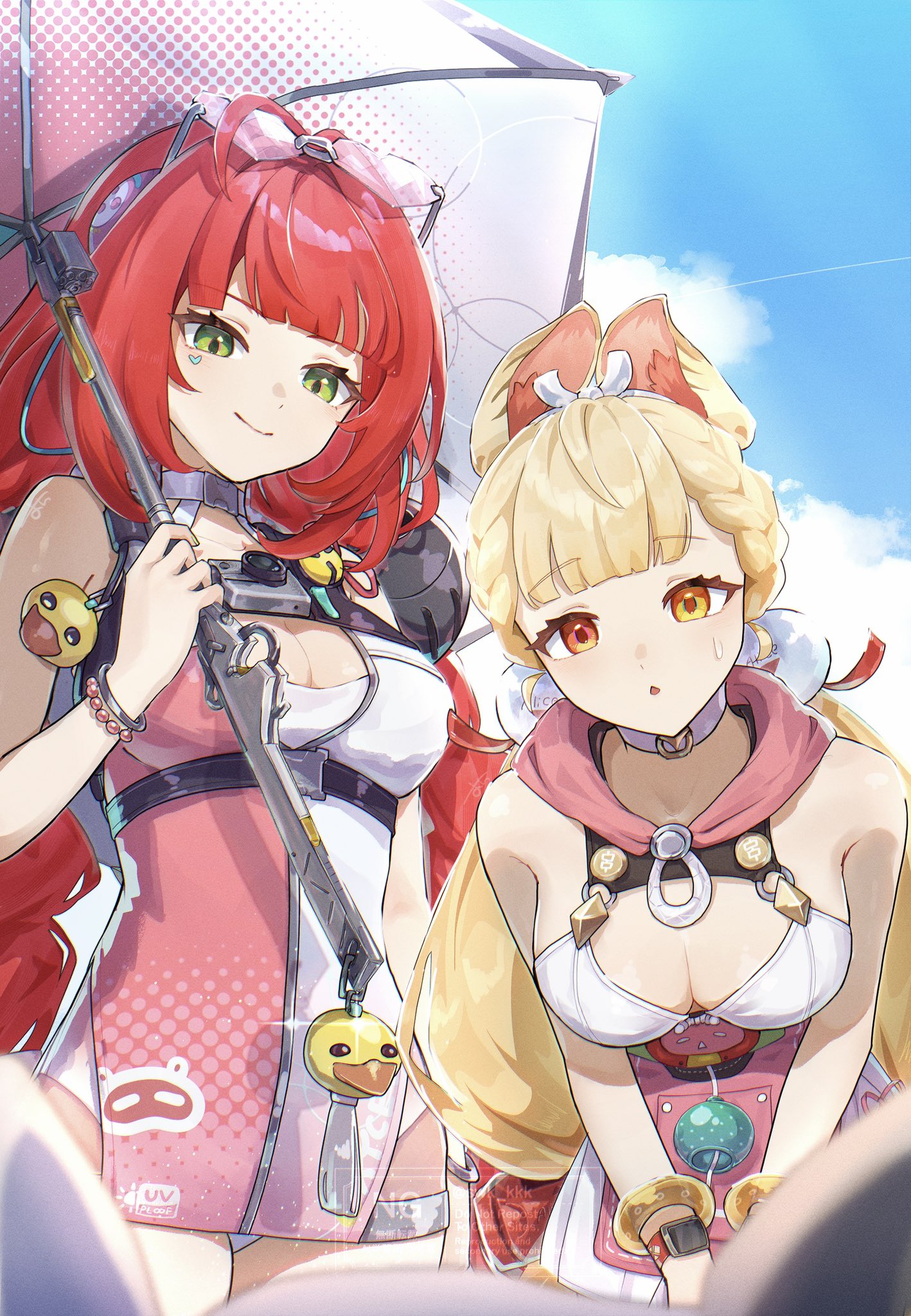 suwa (swk kkk), alice thymefield, alice thymefield (sea of thyme), ukinami yuzuha, ukinami yuzuha (tanuki in broad daylight), zenless zone zero, highres, 2girls, animal ears, bare shoulders, belt, blonde hair, blue sky, blush, bow, bracelet, braid, breasts, chest harness, choker, cleavage, dress swimsuit, eyewear on head, green eyes, hair bow, hair ornament, hairband, harness, heart, heart-shaped eyewear, heterochromia, jewelry, long hair, looking at viewer, low twin braids, low twintails, medium breasts, multiple girls, one-piece swimsuit, open mouth, orange eyes, pink one-piece swimsuit, rabbit ears, rabbit girl, red hair, sky, sphere hair ornament, sunglasses, swimsuit, thigh strap, twin braids, twintails, two-tone one-piece swimsuit, umbrella gun, white one-piece swimsuit, yellow eyes