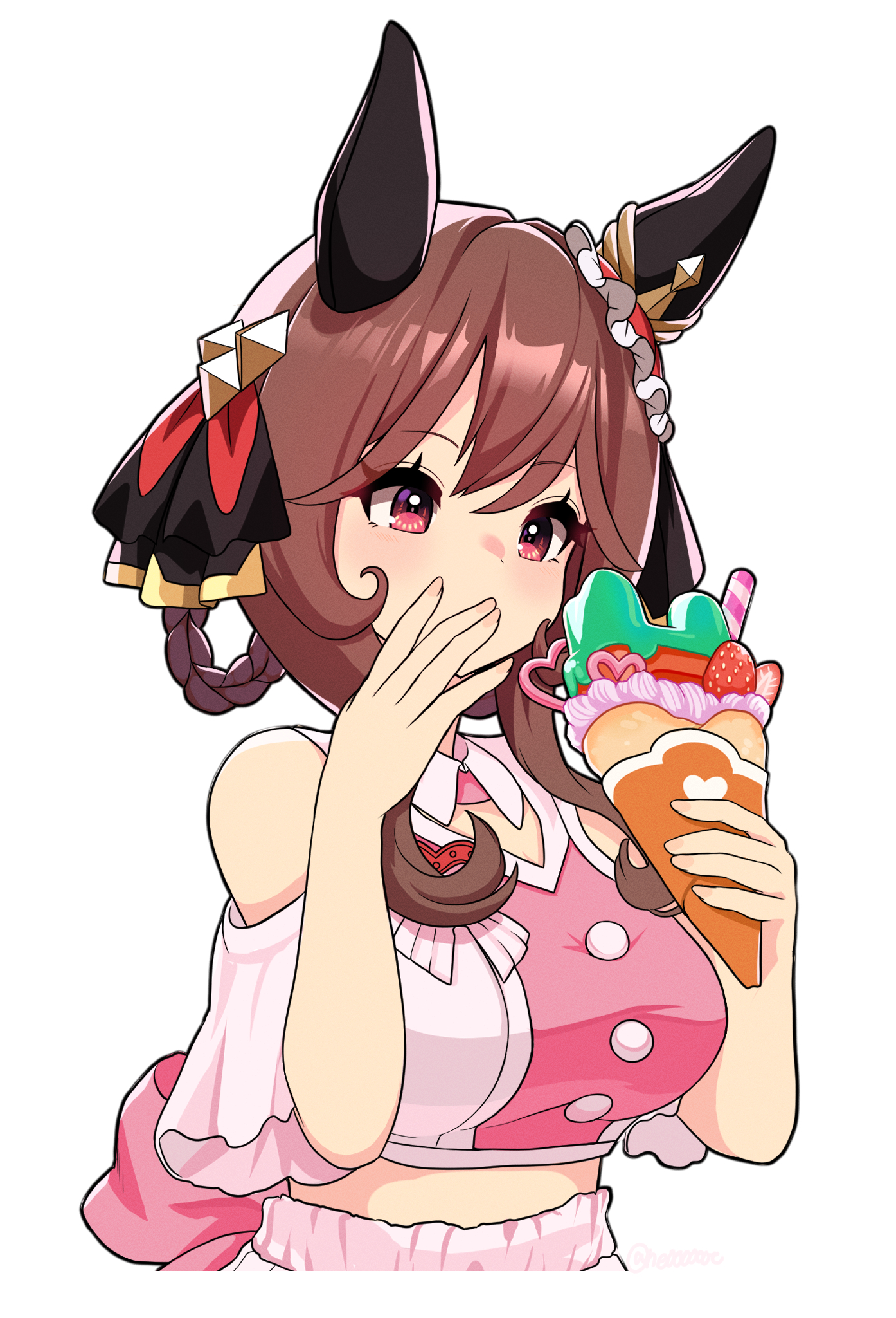 ne000000t, gentildonna (umamusume), umamusume, highres, 1girl, animal ears, bare shoulders, black ribbon, blush, braid, braided hair rings, brown hair, clothing cutout, covering own mouth, crepe, cropped shirt, ear covers, food, hair between eyes, hair ribbon, hair rings, holding, holding crepe, holding food, horse ears, horse girl, long hair, pink shirt, red eyes, ribbon, shirt, shoulder cutout, solo