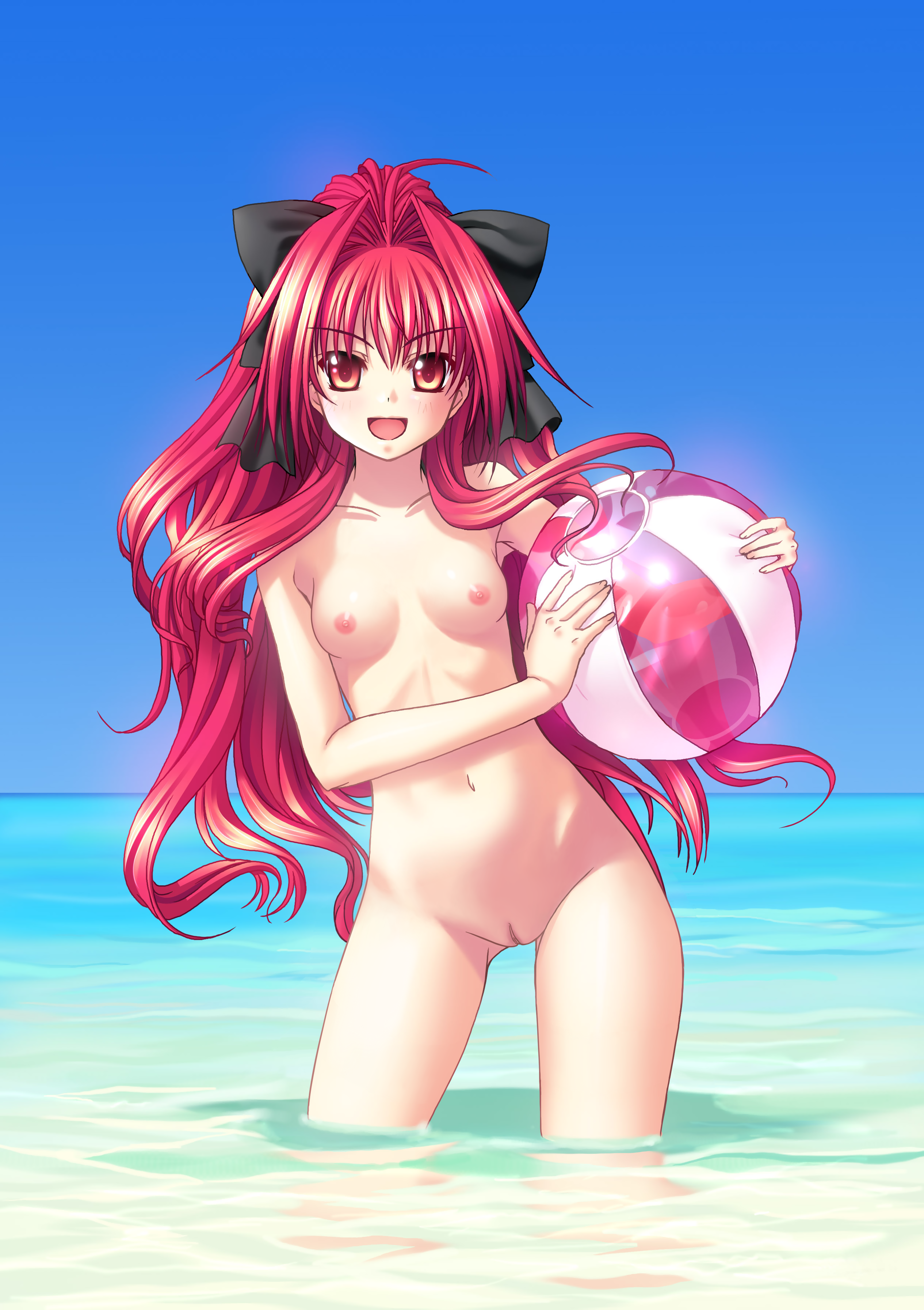kannatsuki noboru, corticarte apa lagranges, shinkyoku soukai polyphonica, absurdres, highres, nude filter, third-party edit, 00s, 1girl, ball, beachball, breasts, female focus, long hair, nipples, nude, red eyes, red hair, solo, uncensored, water