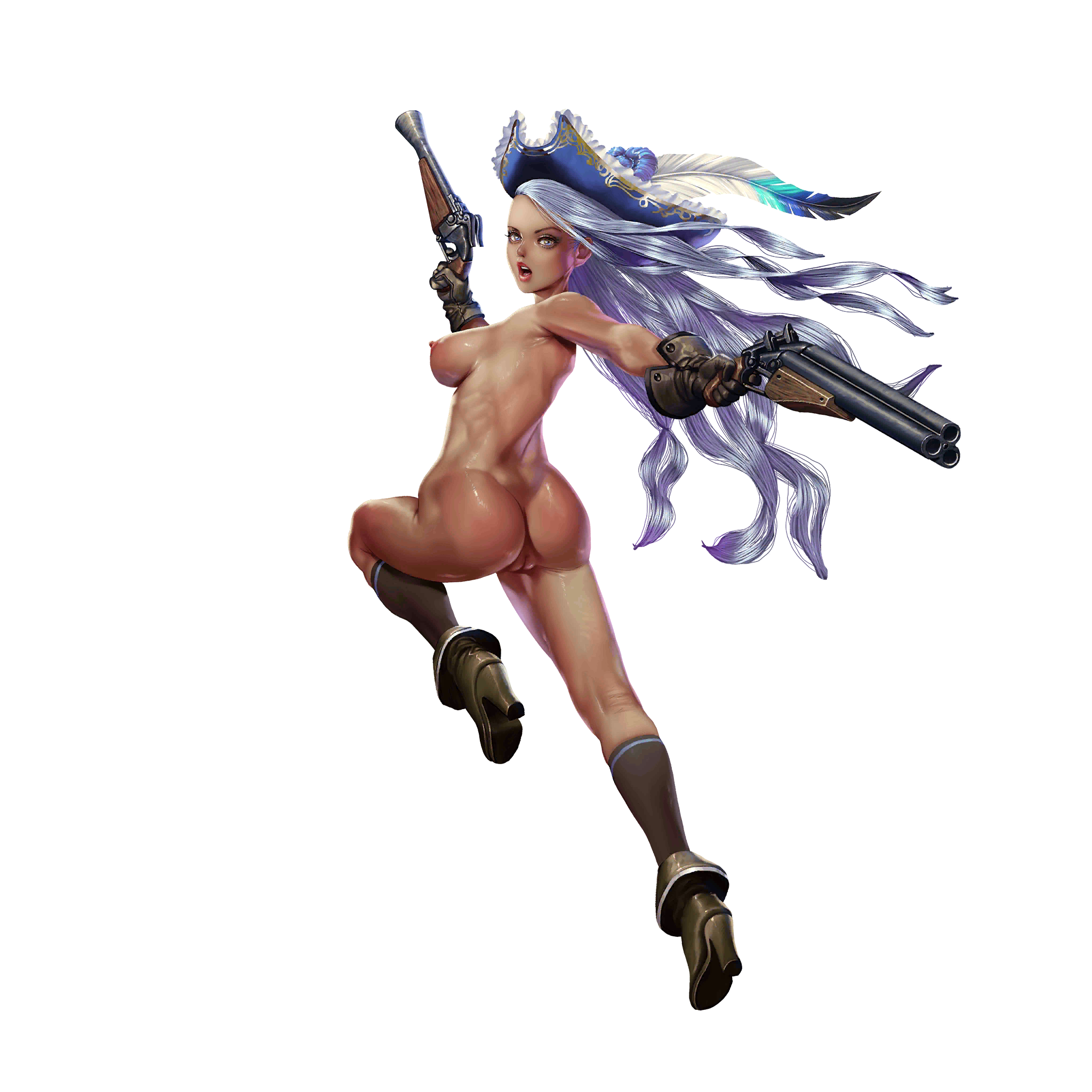 crystal maiden (series), artist request, game cg, highres, official art, variant set, 1girl, armpits, ass, blue eyes, blue hair, breasts, dark skin, dual wielding, full body, gloves, gun, hat, hat feather, high heels, holding, holding gun, holding weapon, leather, leather gloves, long hair, looking back, morgan (crystal maidens), nipples, nude, open mouth, pussy, solo, standing, standing on one leg, transparent background, tricorne, weapon