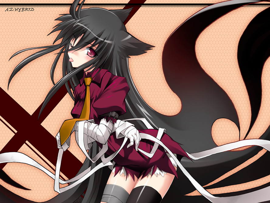 won (az hybrid), original, bandages, black hair, blush, necktie, one eye closed, solo, thighhighs, tongue, wink, zettai ryouiki